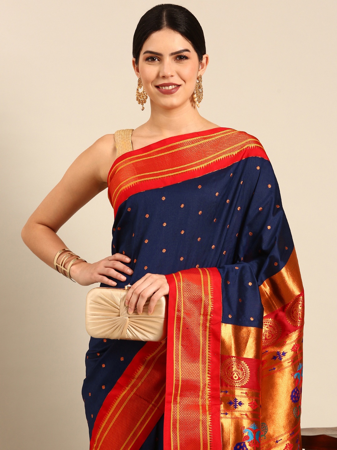 

Varkala Silk Sarees Navy Blue & Red Ethnic Motifs Zari Silk Blend Paithani Saree