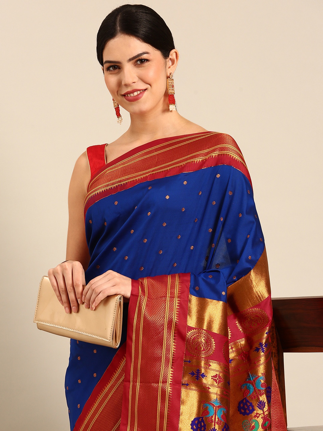 

Varkala Silk Sarees Ethnic Motifs Zari Silk Blend Paithani Saree, Blue