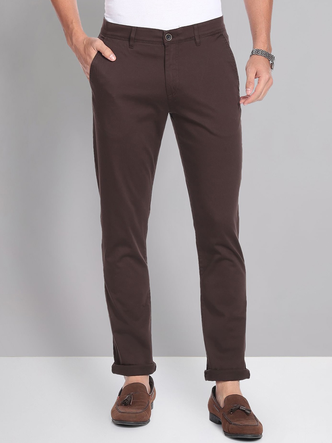 

AD By Arvind Men Flat-Front Mid-Rise Slim Fit Chinos Trousers, Brown