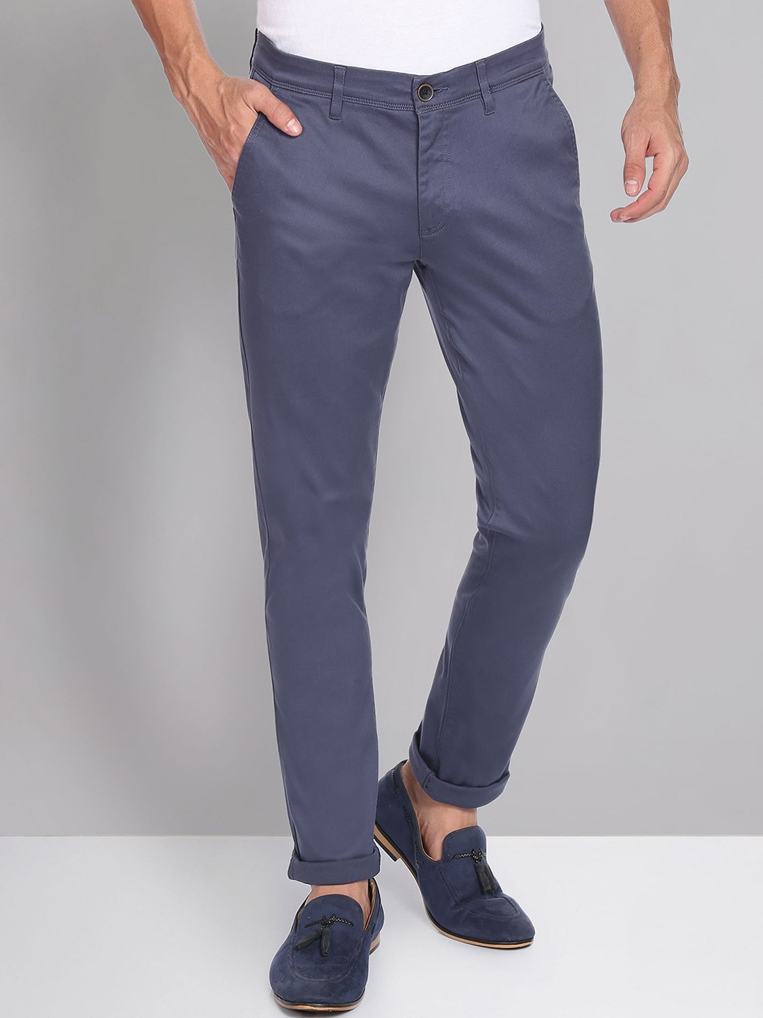 

AD By Arvind Men Flat-Front Mid-Rise Slim Fit Chinos Trousers, Blue