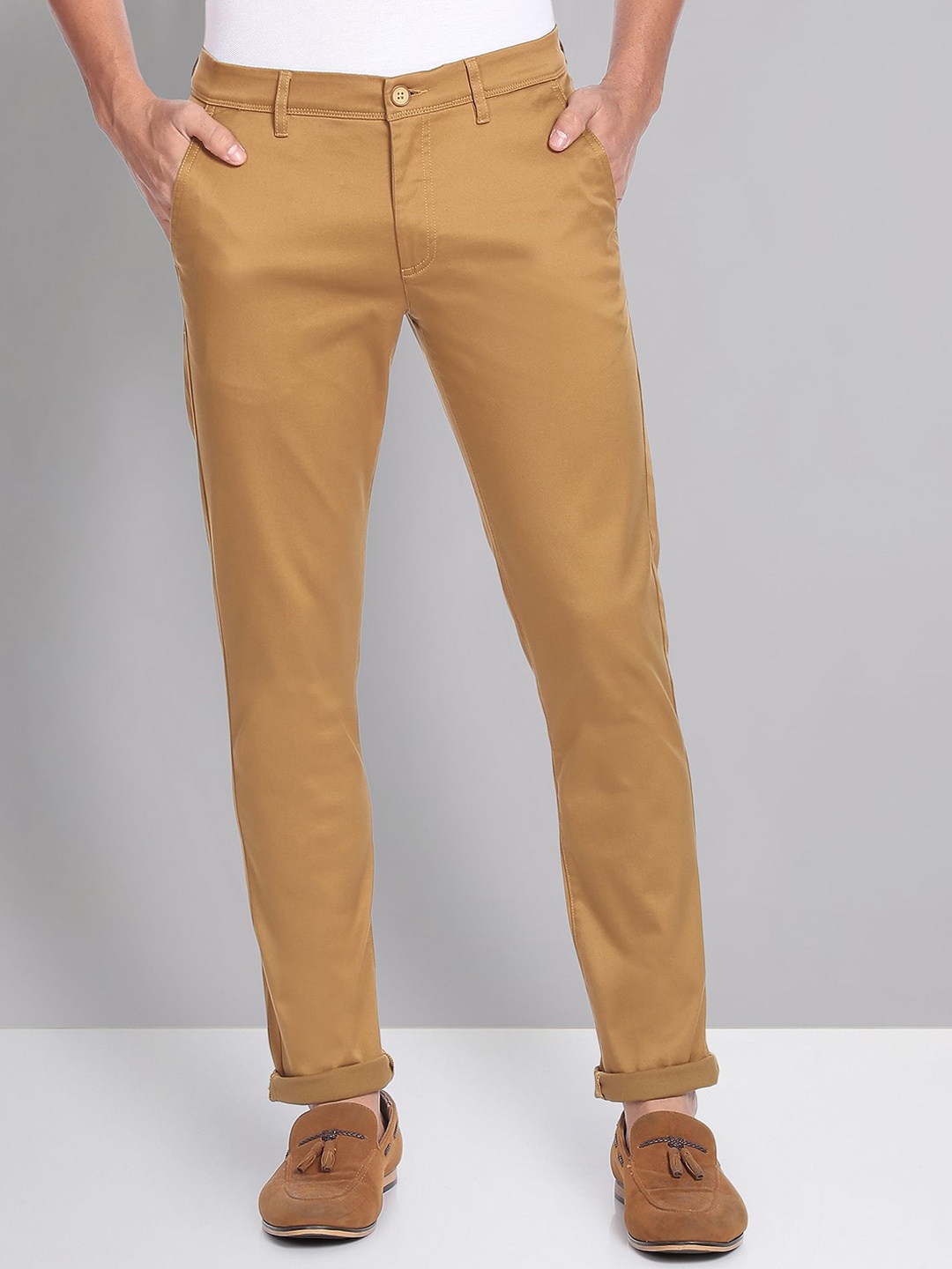 

AD By Arvind Men Flat-Front Mid-Rise Slim Fit Chinos Trousers, Khaki