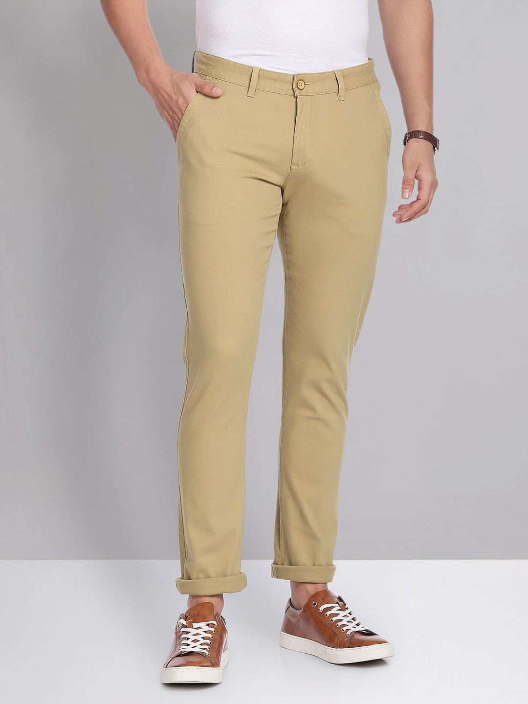 

AD By Arvind Men Flat-Front Mid-Rise Slim Fit Chinos Trousers, Khaki