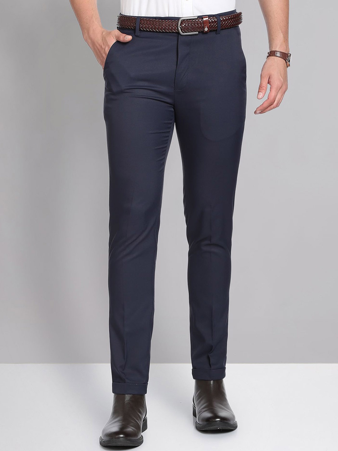 

AD By Arvind Men Flat-Front Mid-Rise Slim Fit Formal Trousers, Navy blue