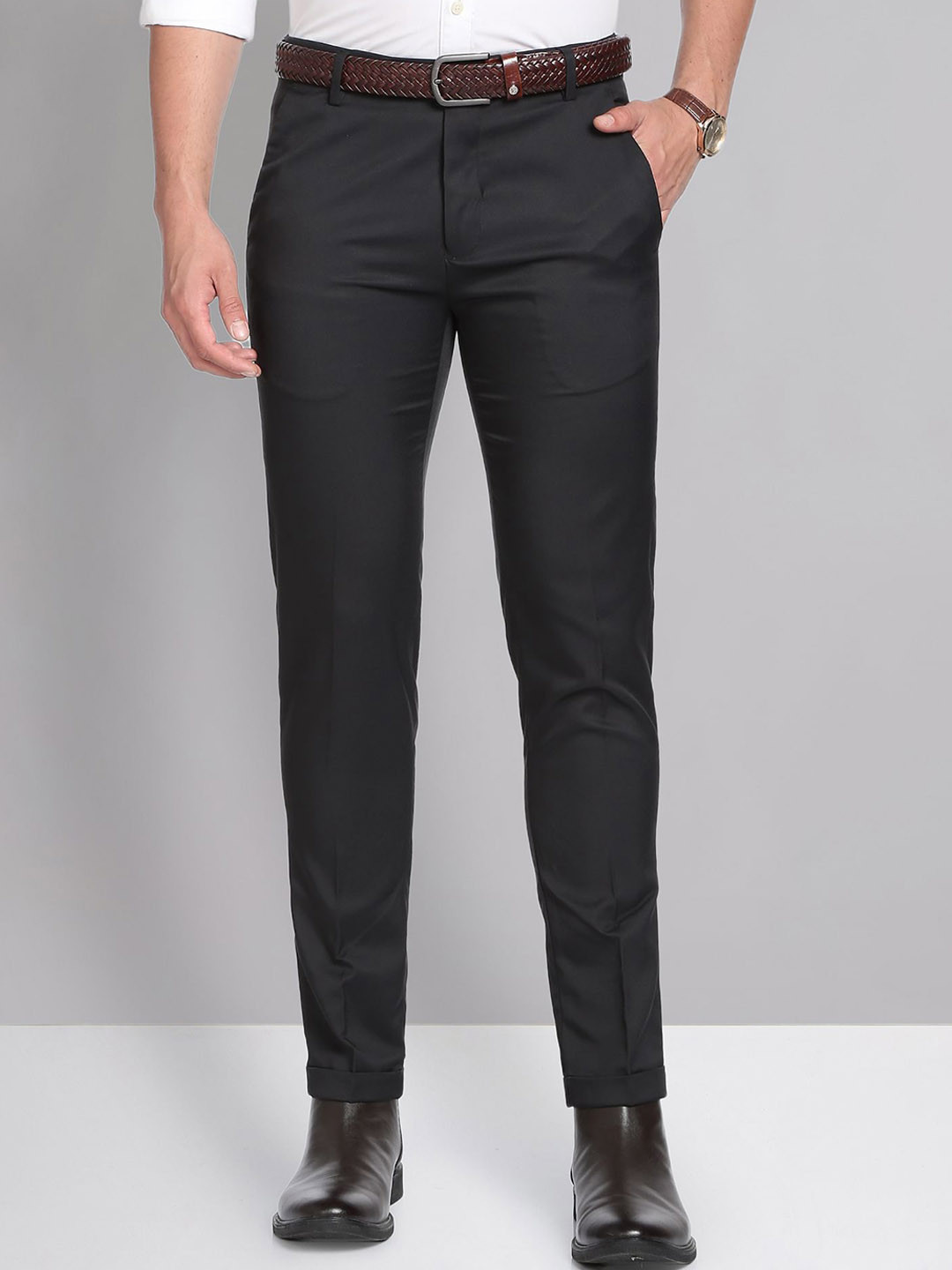 

AD By Arvind Men Flat-Front Mid-Rise Slim Fit Formal Trousers, Black