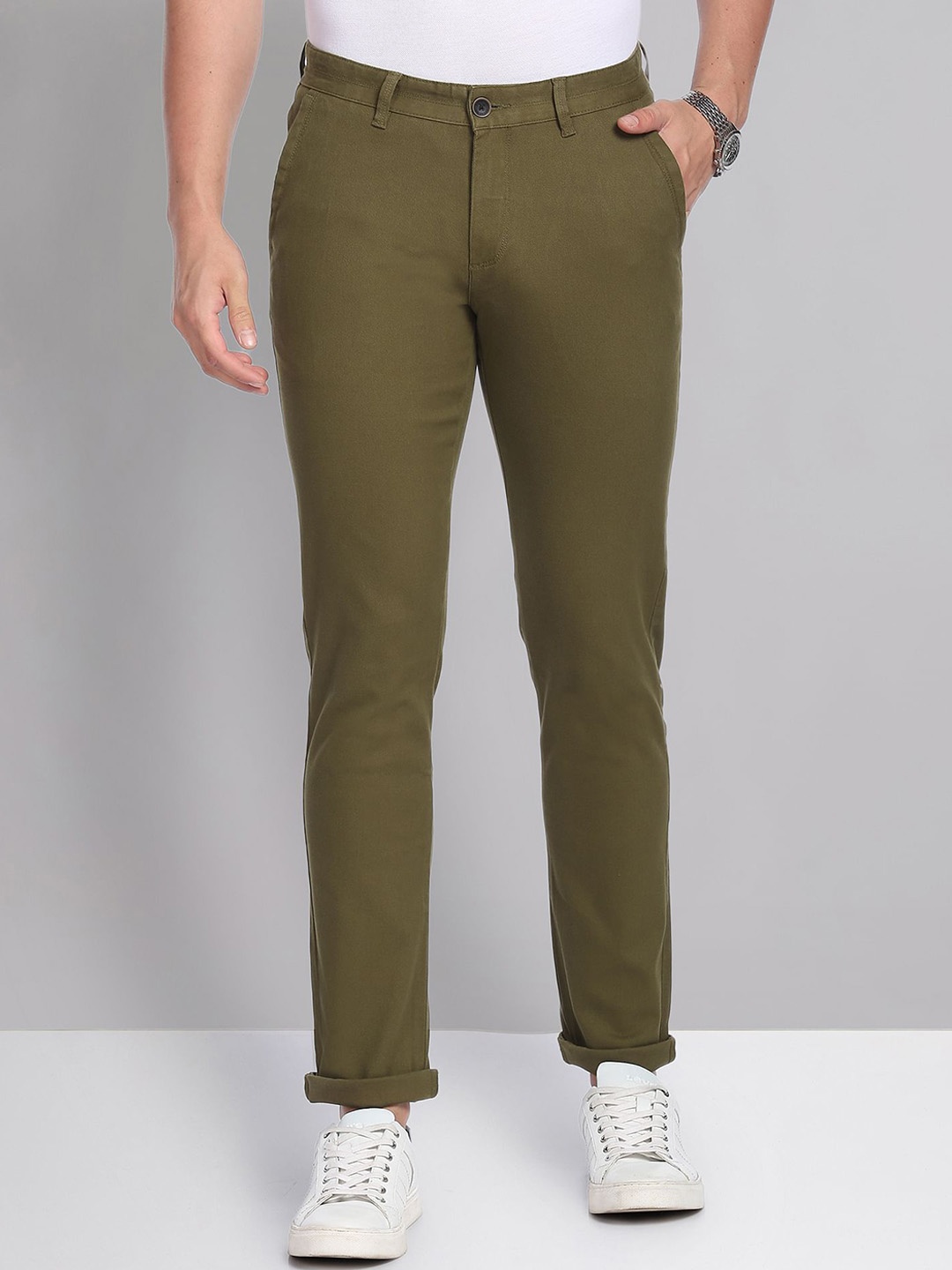 

AD By Arvind Solid Dobby Casual Chinos, Olive