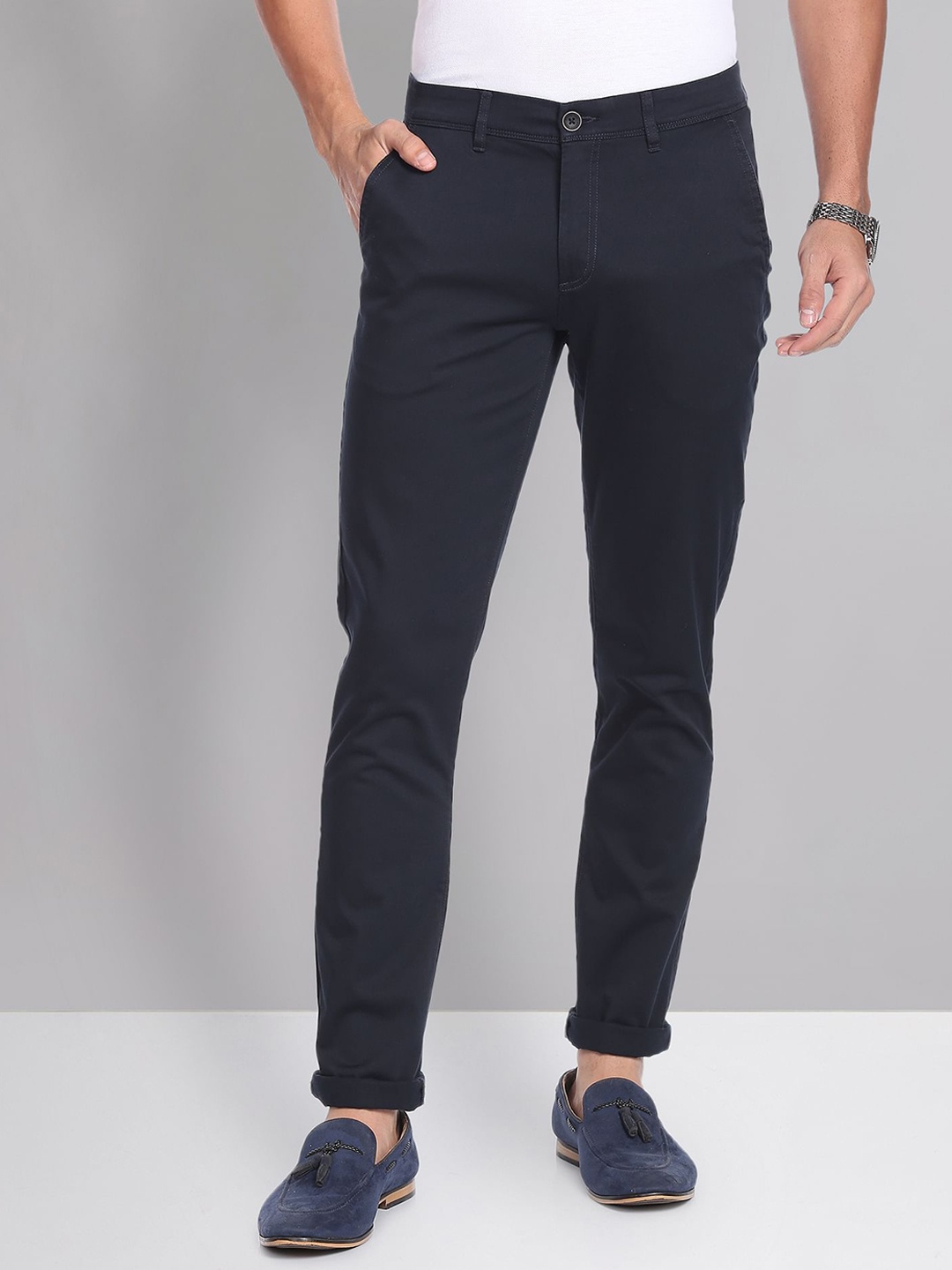 

AD By Arvind Men Flat-Front Mid-Rise Slim Fit Chinos Trousers, Navy blue