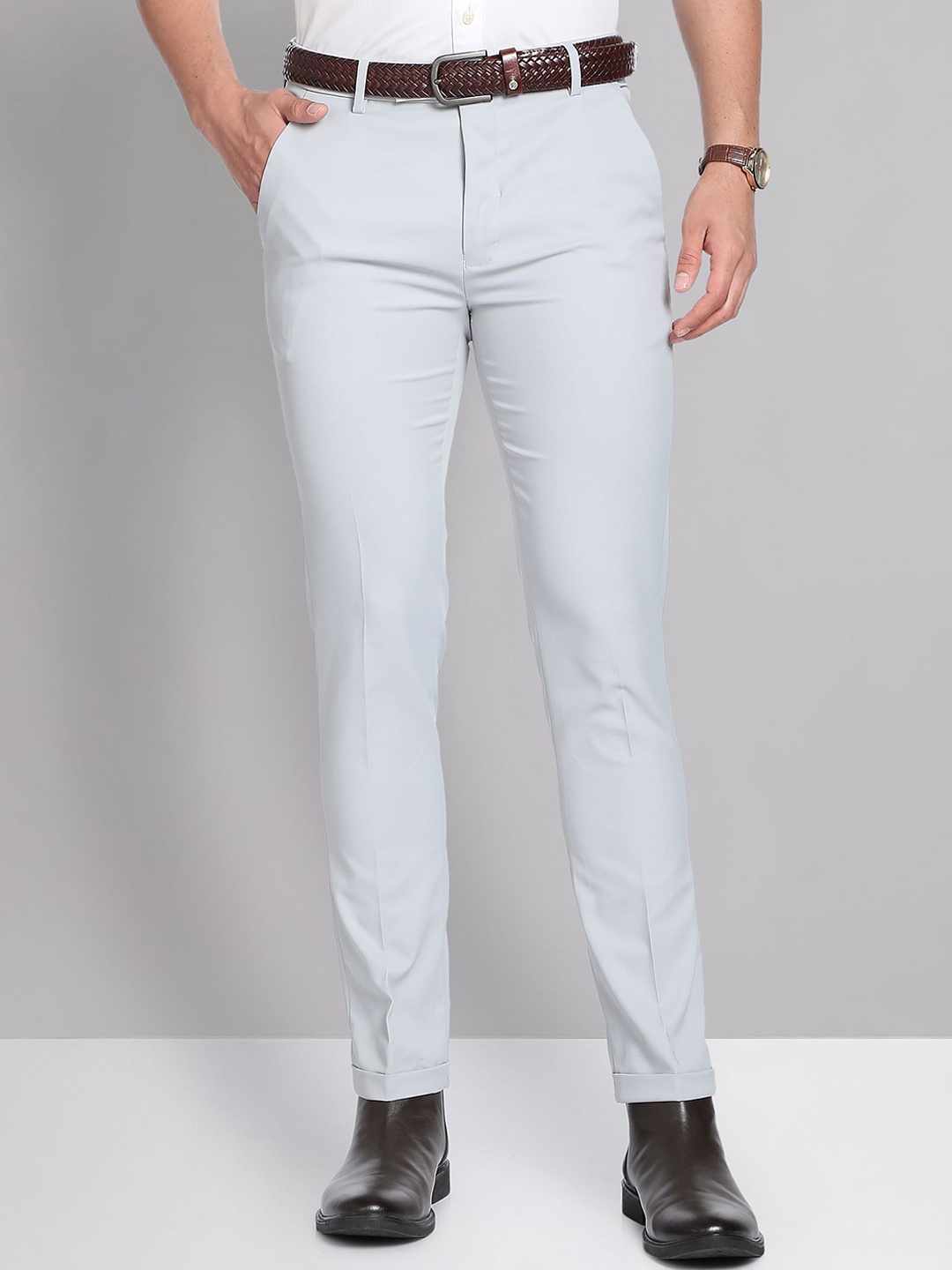 

AD By Arvind Men Flat-Front Mid-Rise Slim Fit Formal Trousers, Grey