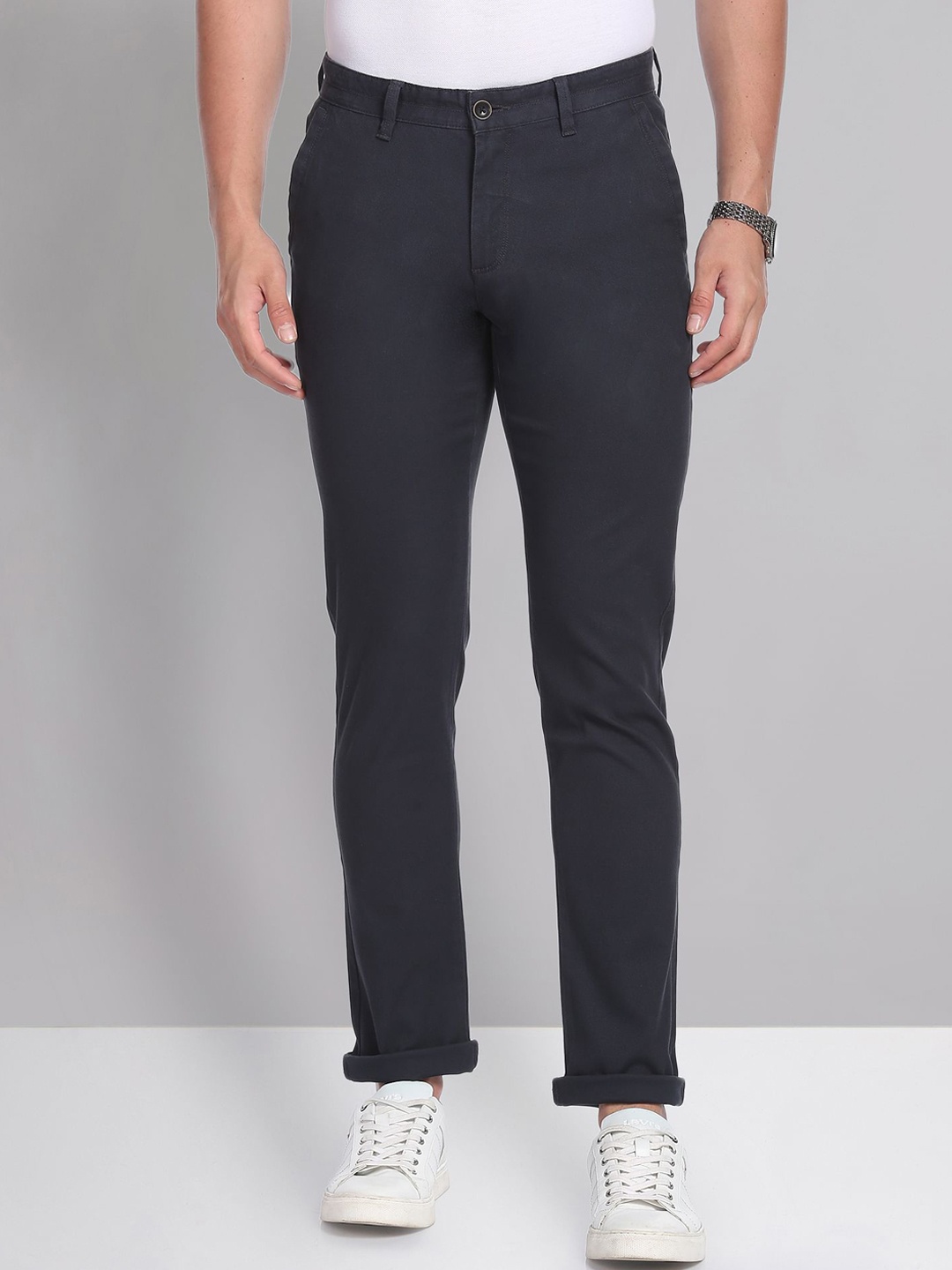 

AD By Arvind Men Mid-Rise Slim Fit Cotton Regular Trousers, Navy blue