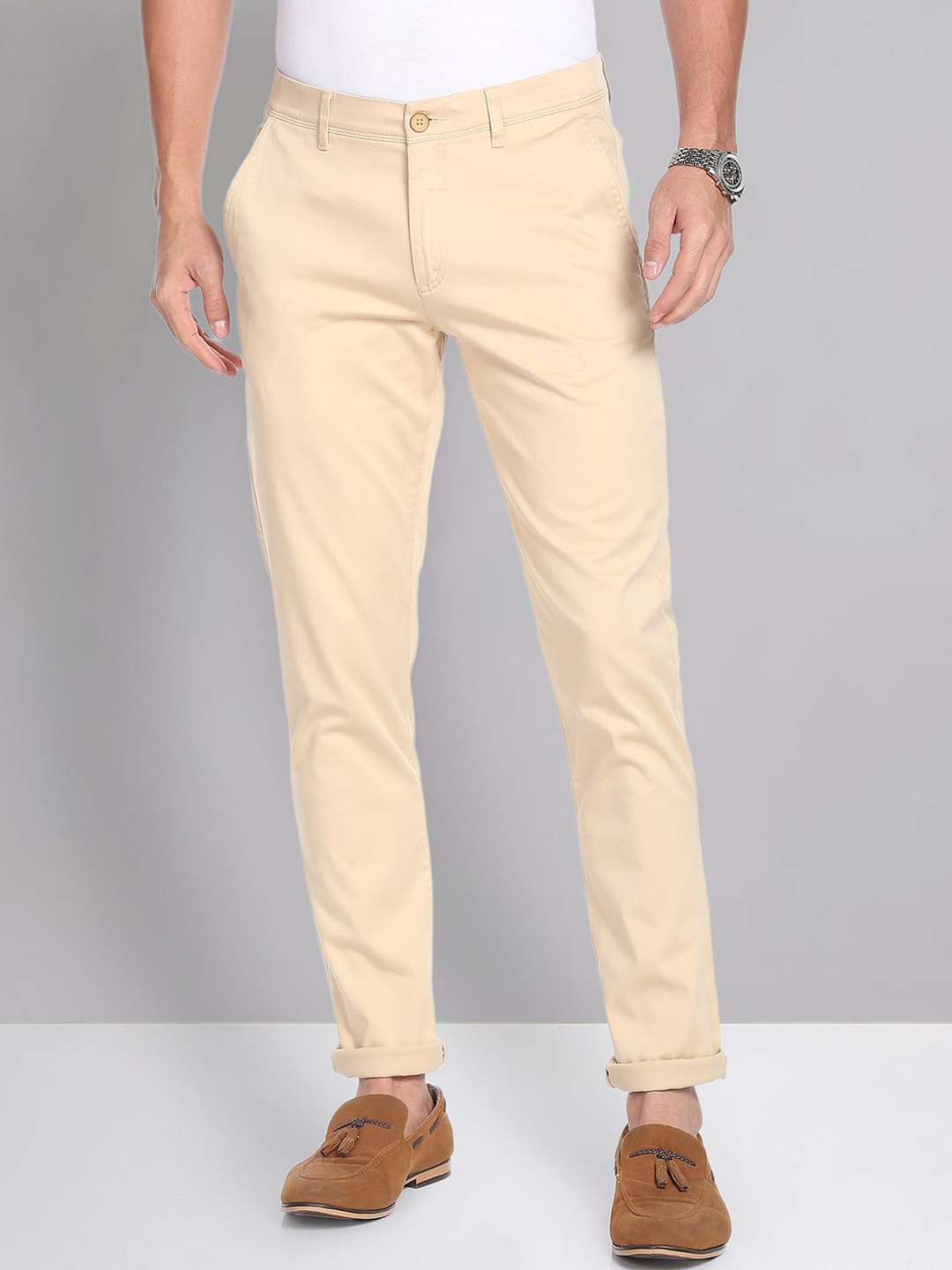 

AD By Arvind Men Flat-Front Mid-Rise Slim Fit Regular Trousers, Beige