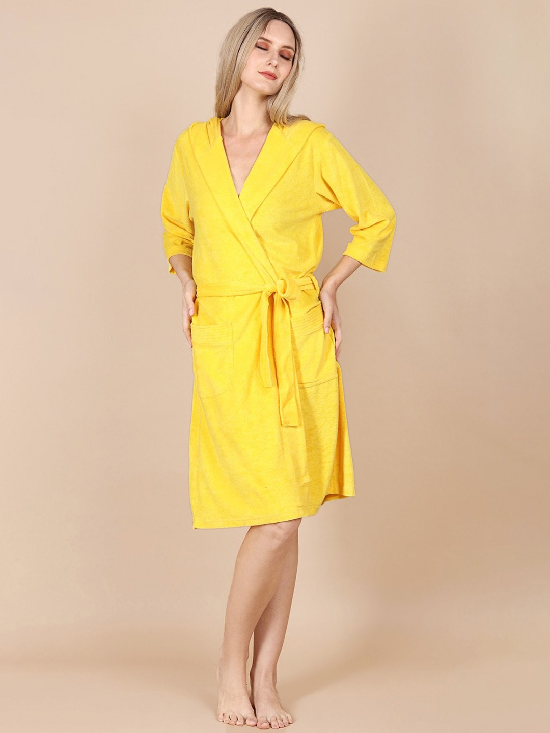 

ASPORA Women Hooded Terry Cotton Bath Robe, Yellow