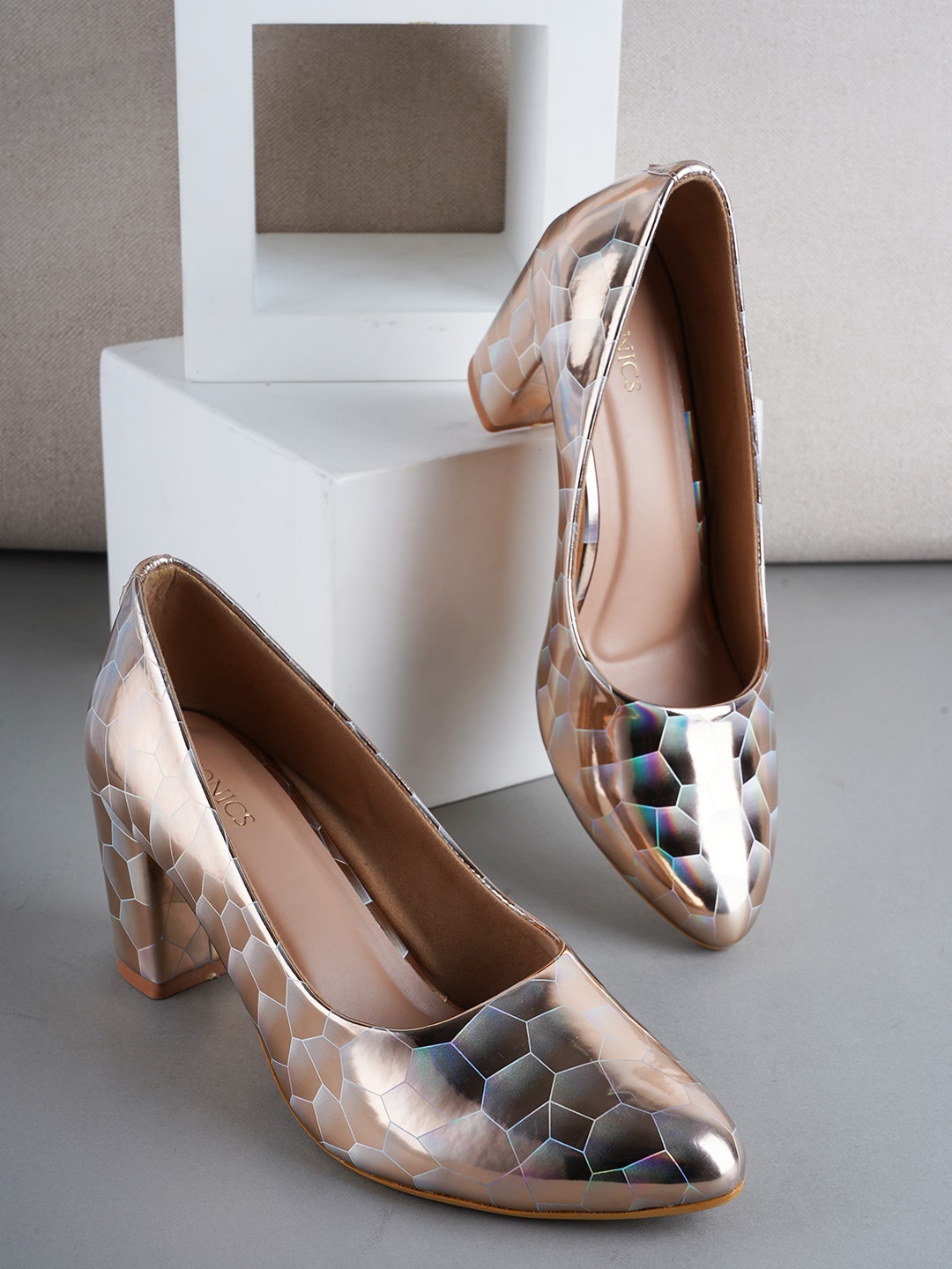 

ICONICS Printed Block Heel Pumps, Gold