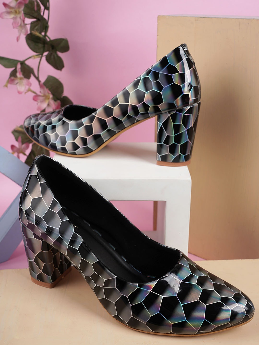 

ICONICS Printed Block Heel Pumps, Black