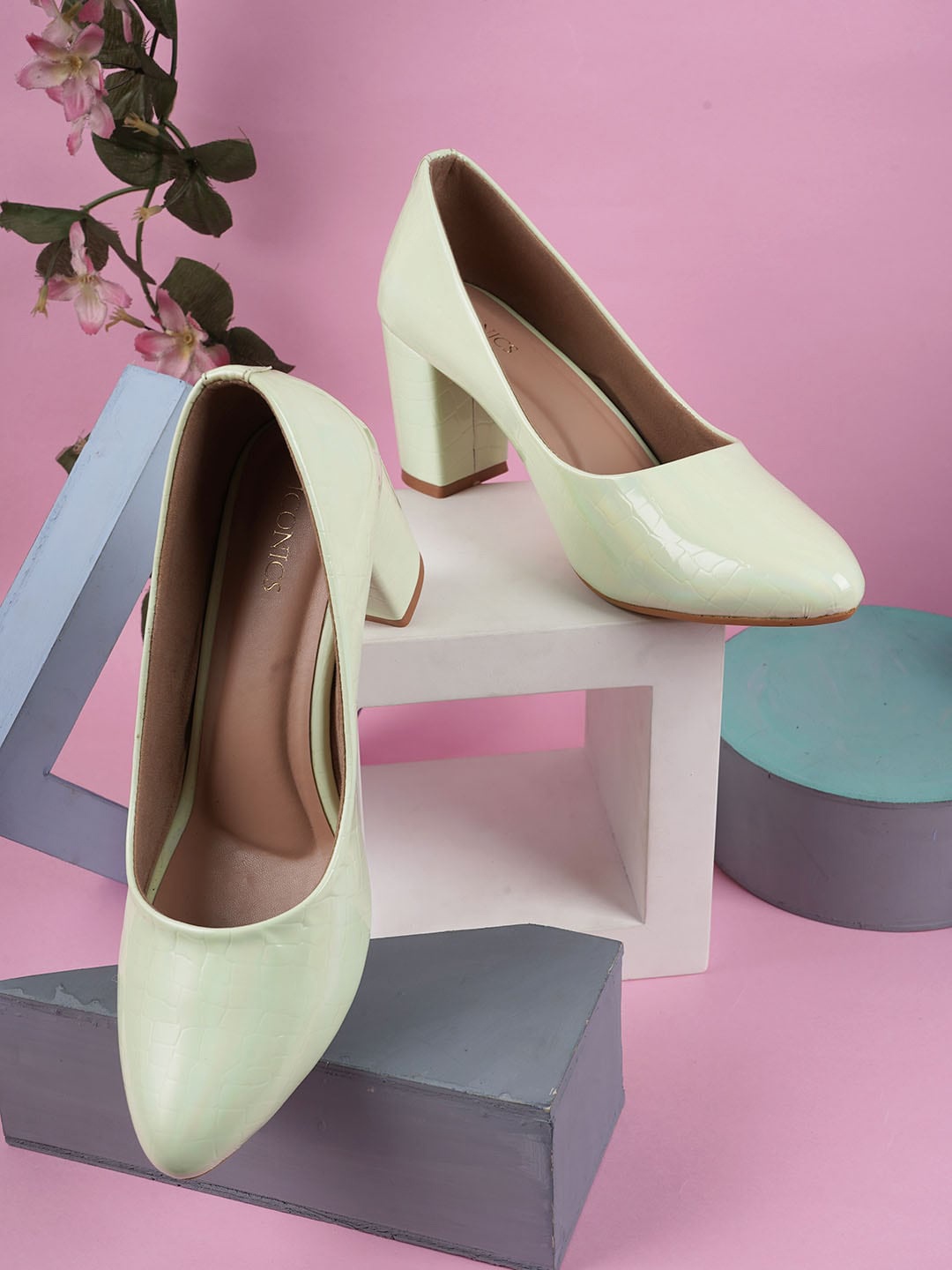 

ICONICS Pointed Toe Block Heel Pumps, Sea green