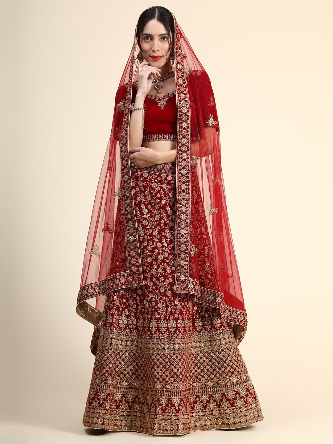 

Phenav Embroidered Thread Work Ready to Wear Lehenga & Blouse With Dupatta, Maroon