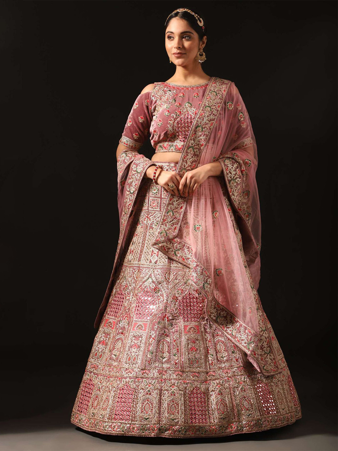 

Phenav Embroidered Thread Work Ready to Wear Lehenga & Blouse With Dupatta, Pink