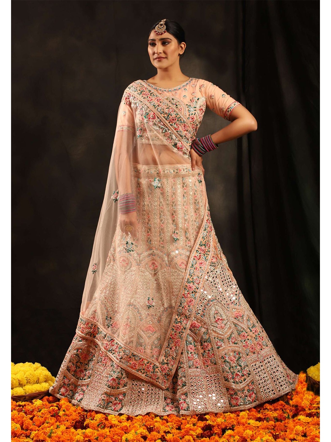 

Phenav Embroidered Thread Work Ready to Wear Lehenga & Blouse With Dupatta, Peach