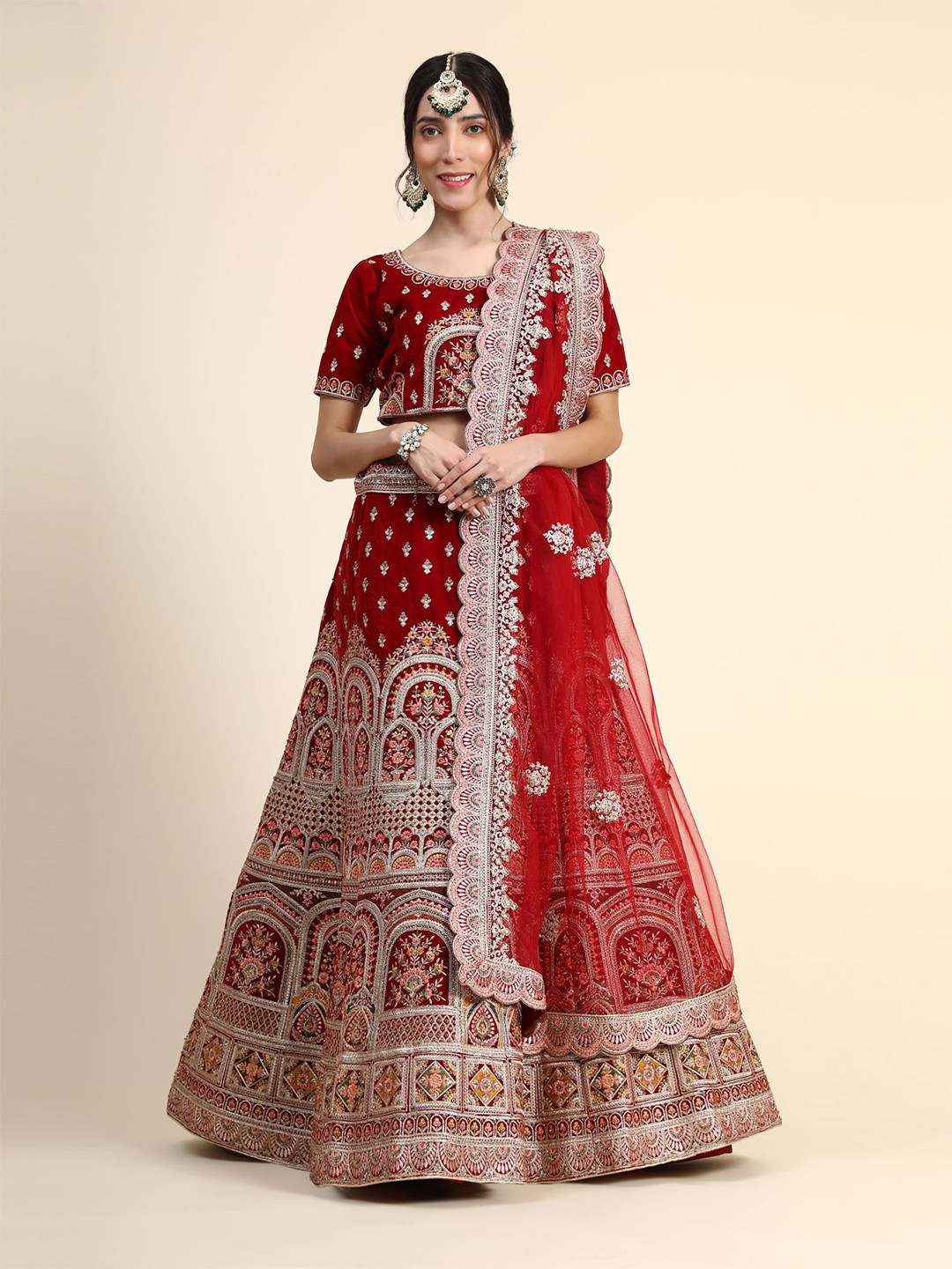 

Phenav Embroidered Net Ready to Wear Lehenga & Blouse With Dupatta, Red