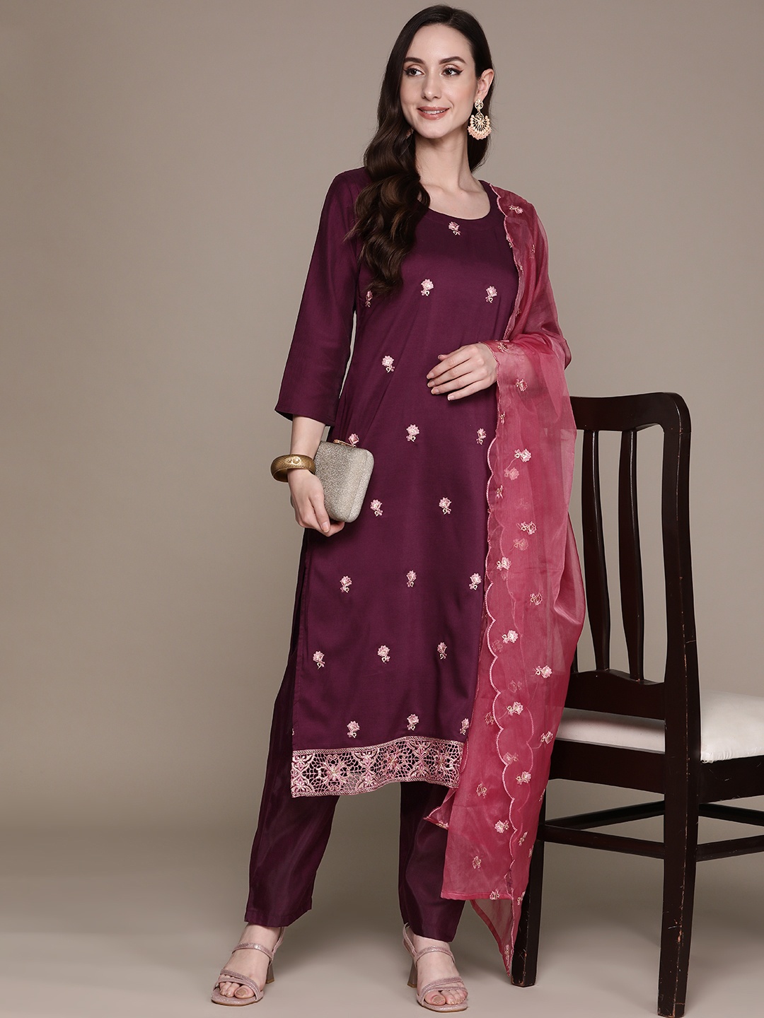 

Ishin Embroidered Regular Kurta With Trousers & With Dupatta, Purple