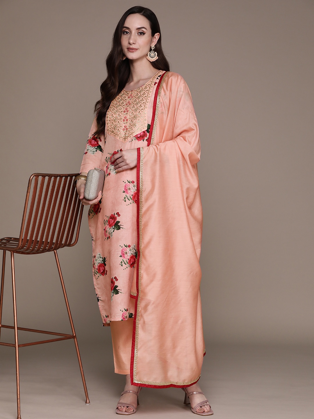 

Ishin Floral Printed Regular Thread Work Kurta With Trousers & With Dupatta, Peach