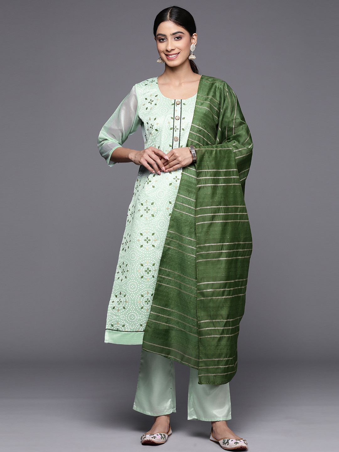 

Libas Green Printed Art Silk Unstitched Dress Material