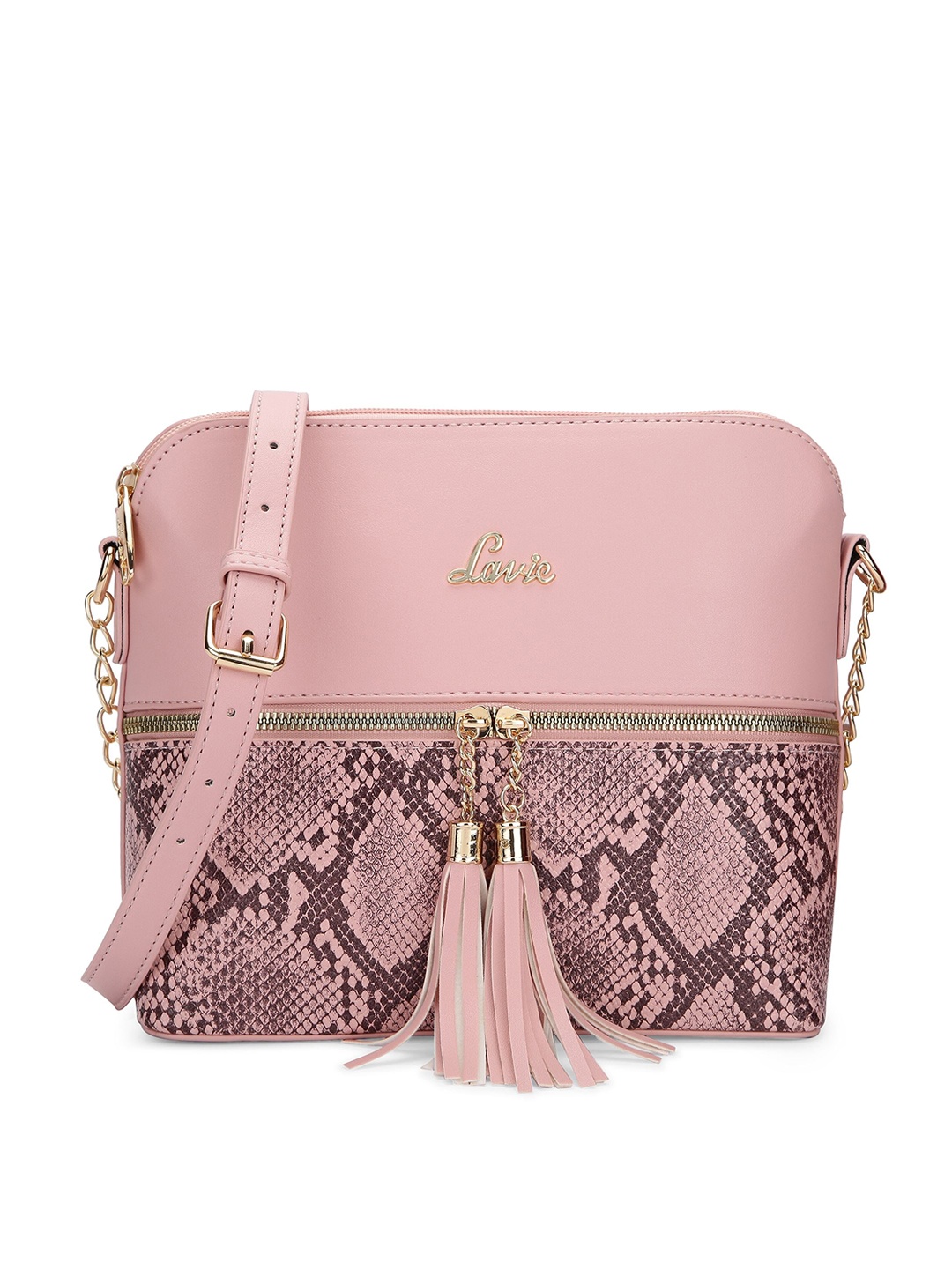 

Lavie Animal Textured Structured Sling Bag with Tasselled, Pink