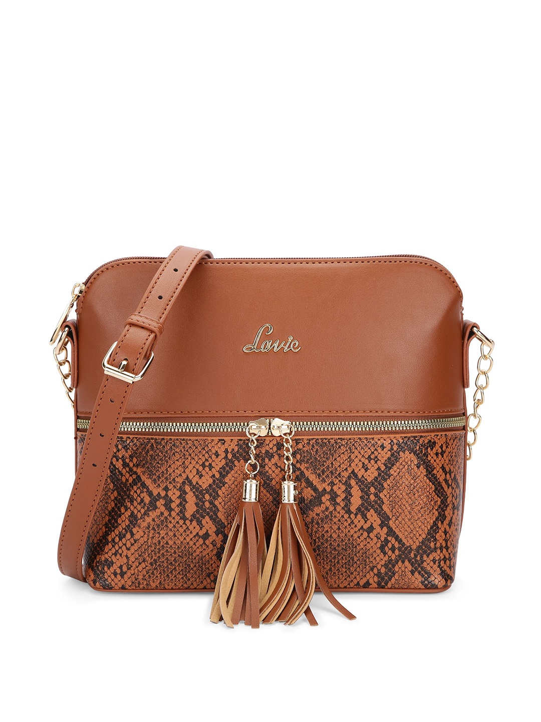 

Lavie Animal Printed Structured Sling Bag With Tasselled, Tan