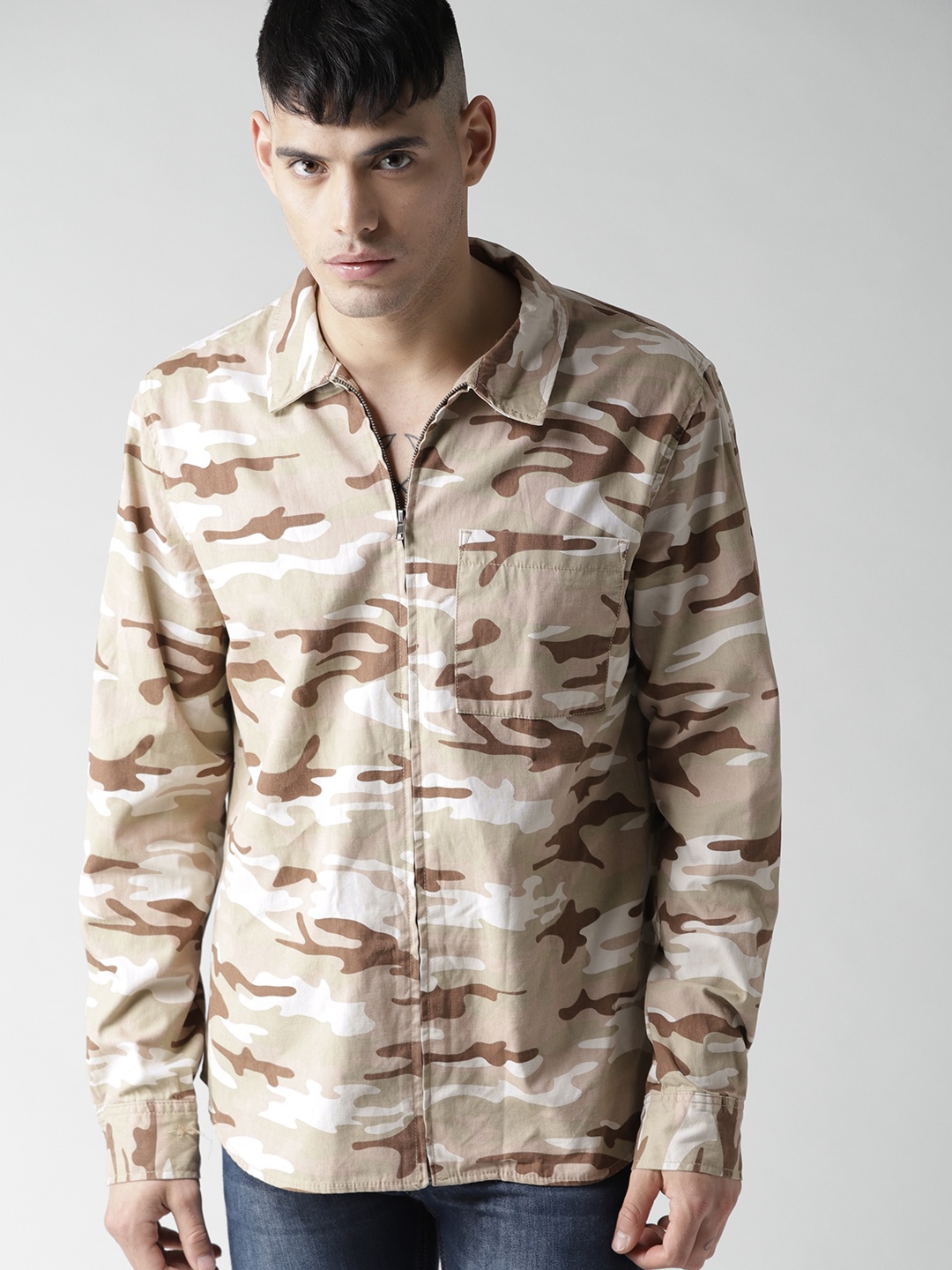

FOREVER 21 Men Beige & Brown Camouflage Print Casual Shirt