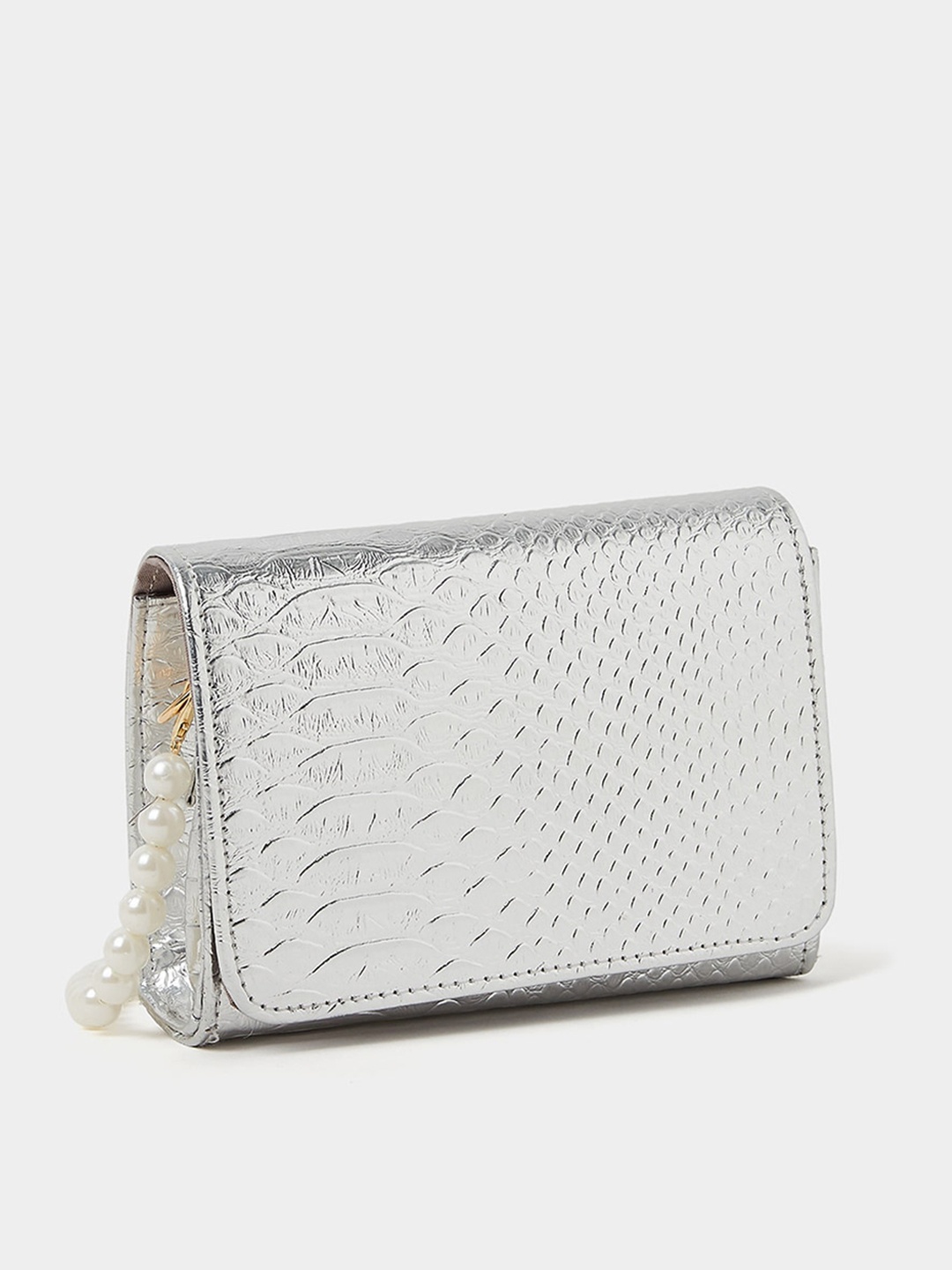 

Styli Textured PU Structured Faux Pearl Sling Bag, Silver