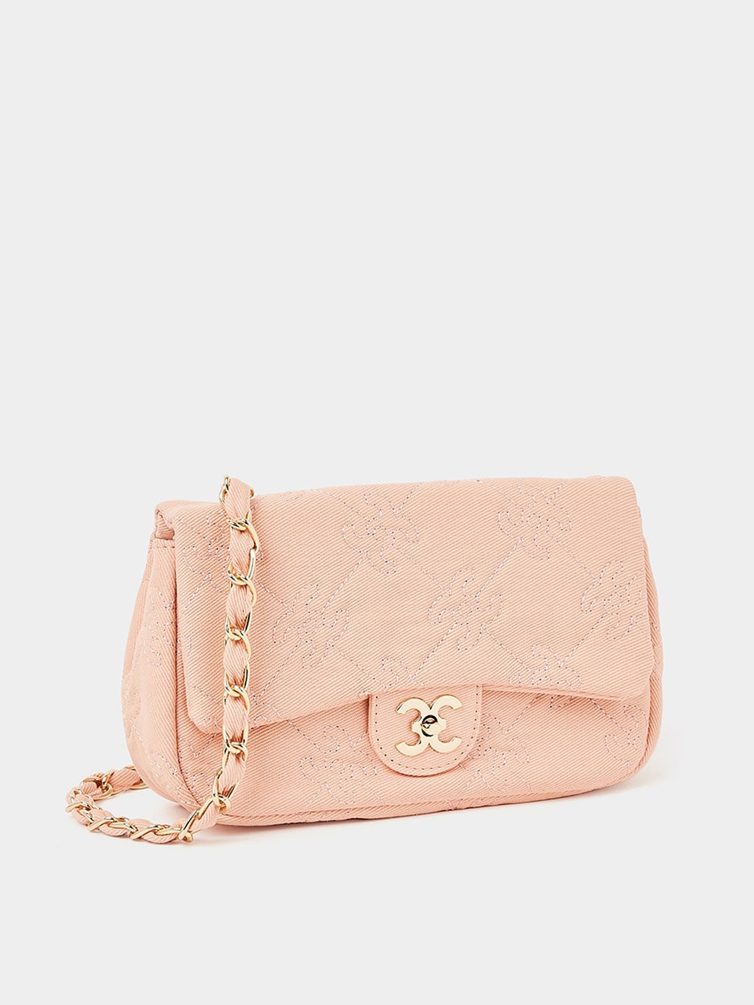 

Styli Gold Embellished Logo Shoulder Bag with Turn Lock, Pink
