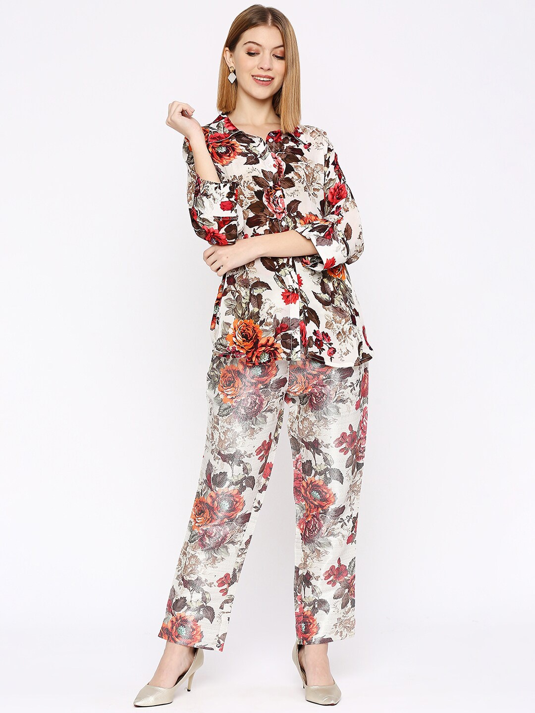 

Cloth Haus India Floral Printed Batwing Sleeves Shirt Style Top, White