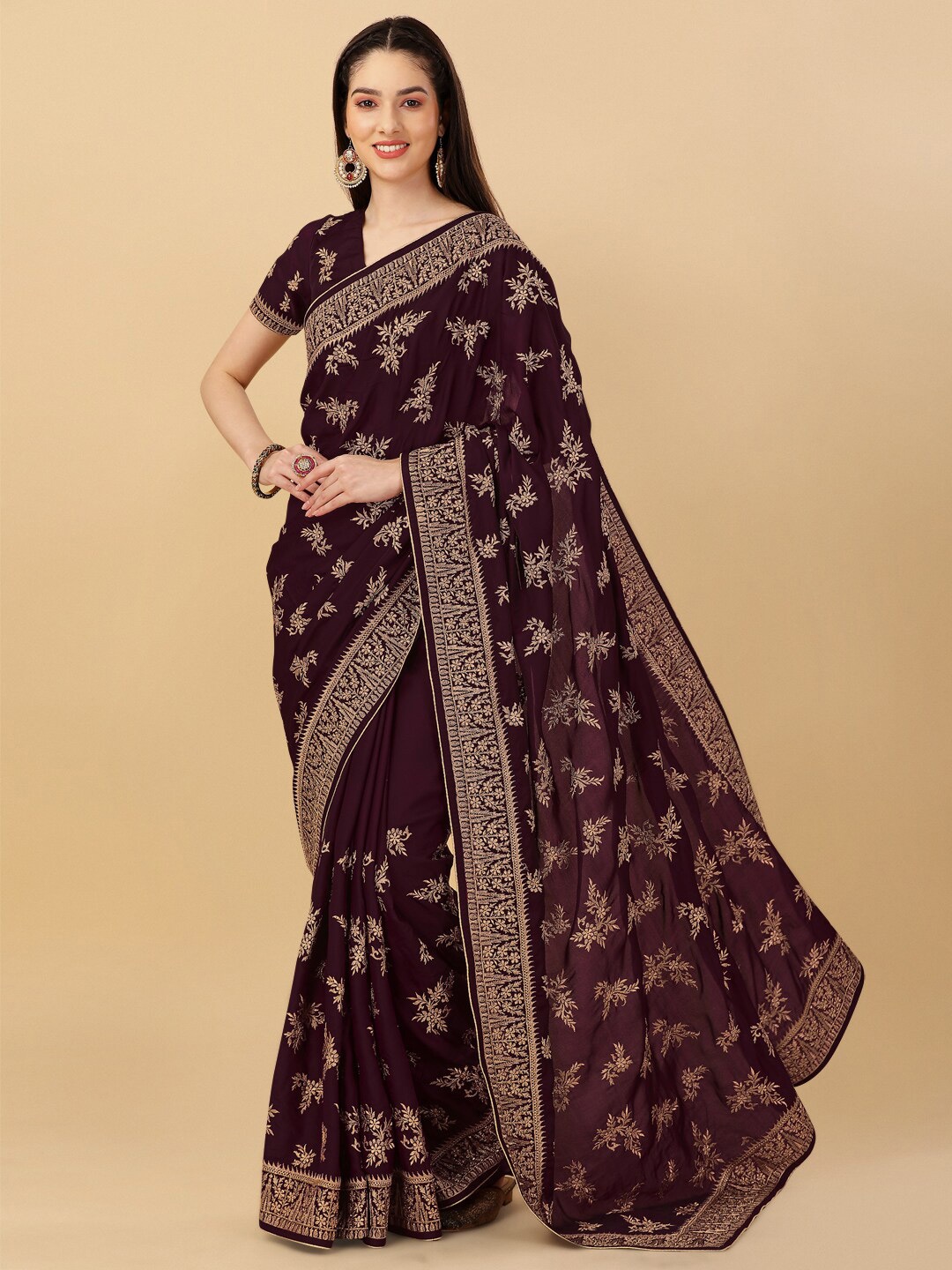 

Inddus Floral Embroidered Zardozi Satin Saree, Burgundy