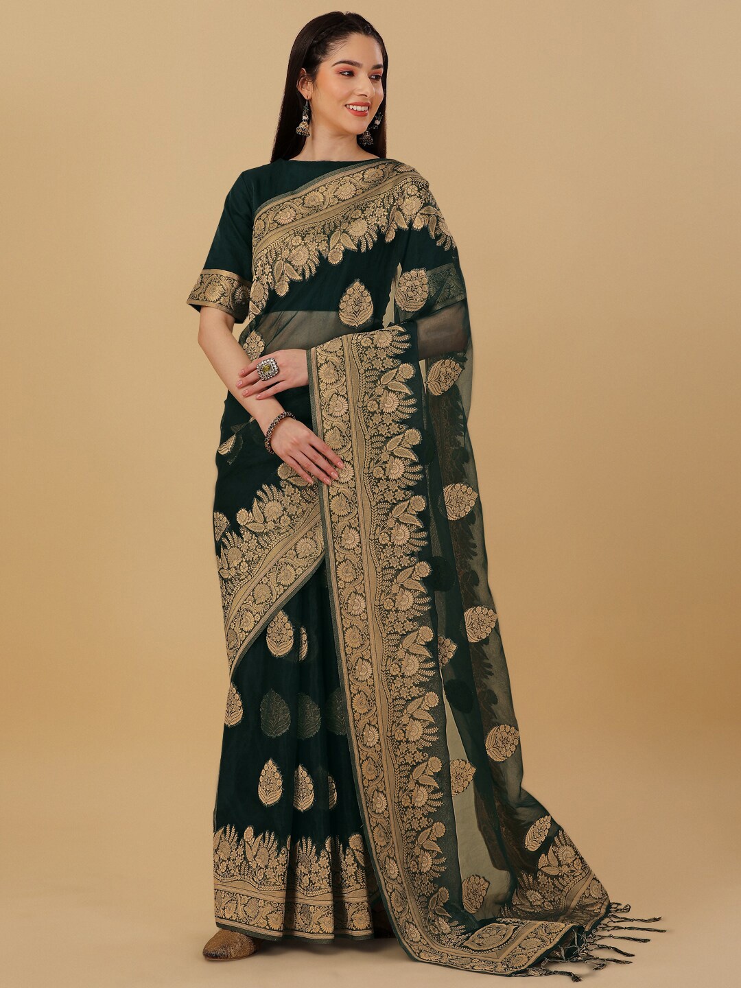 

Inddus Floral Motif Woven Design Zari Organza Saree, Green