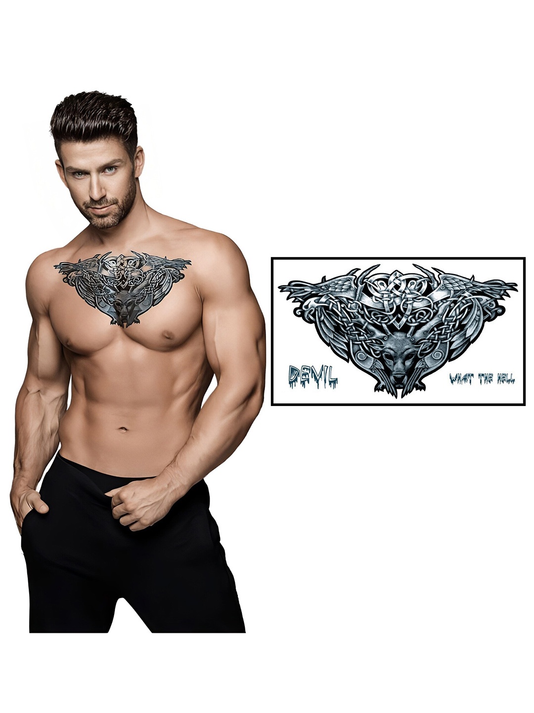 

S.A.V.I. Devil What the Hell Text with Totem Design Waterproof Temporary Tattoo Stickers, Black