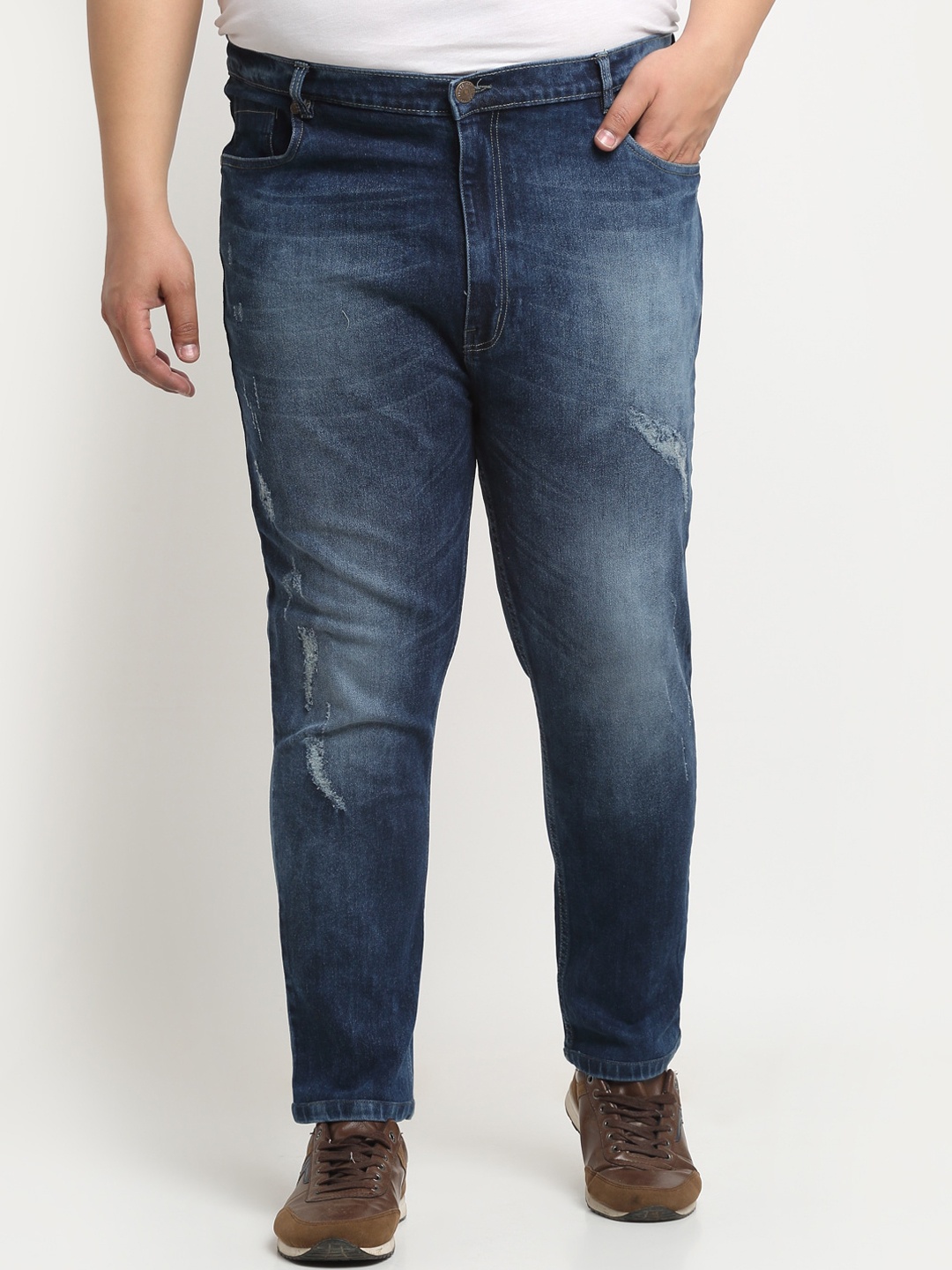 

plusS Men Plus Size Comfort Mildly Distressed Light Fade Stretchable Cotton Jeans, Blue