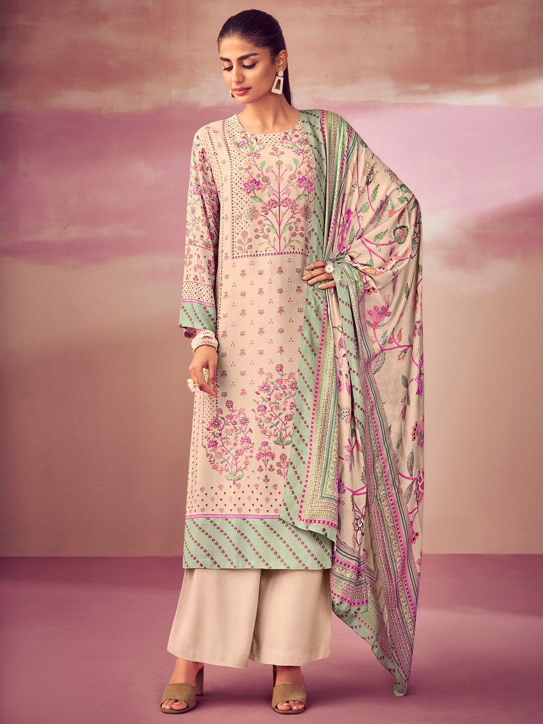 

Stylee LIFESTYLE Floral Printed Beads & Stones Pure Cotton Unstitched Dress Material, Beige