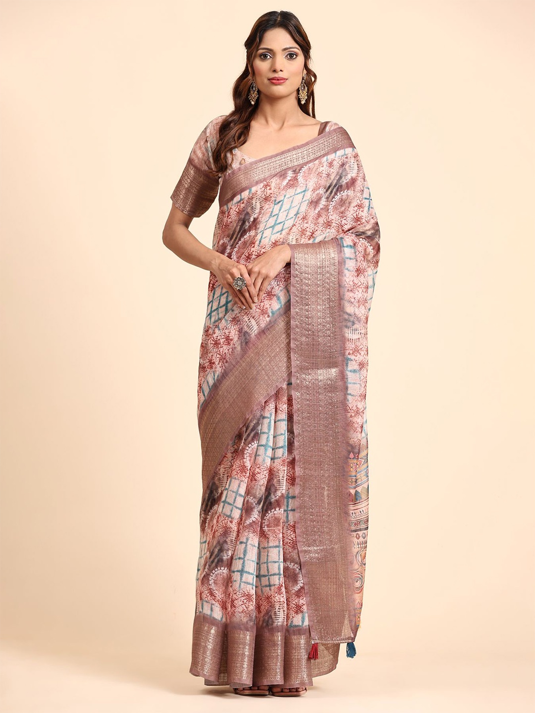 

AVANSHEE Abstract Printed Zari Silk Cotton Saree, Peach