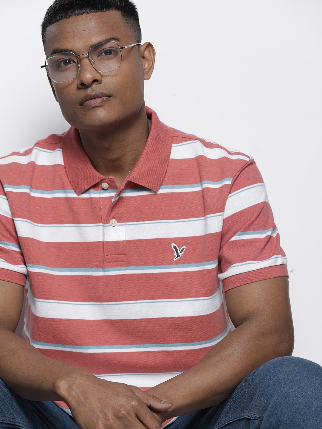 

AMERICAN EAGLE OUTFITTERS Striped Polo Collar T-shirt, Coral