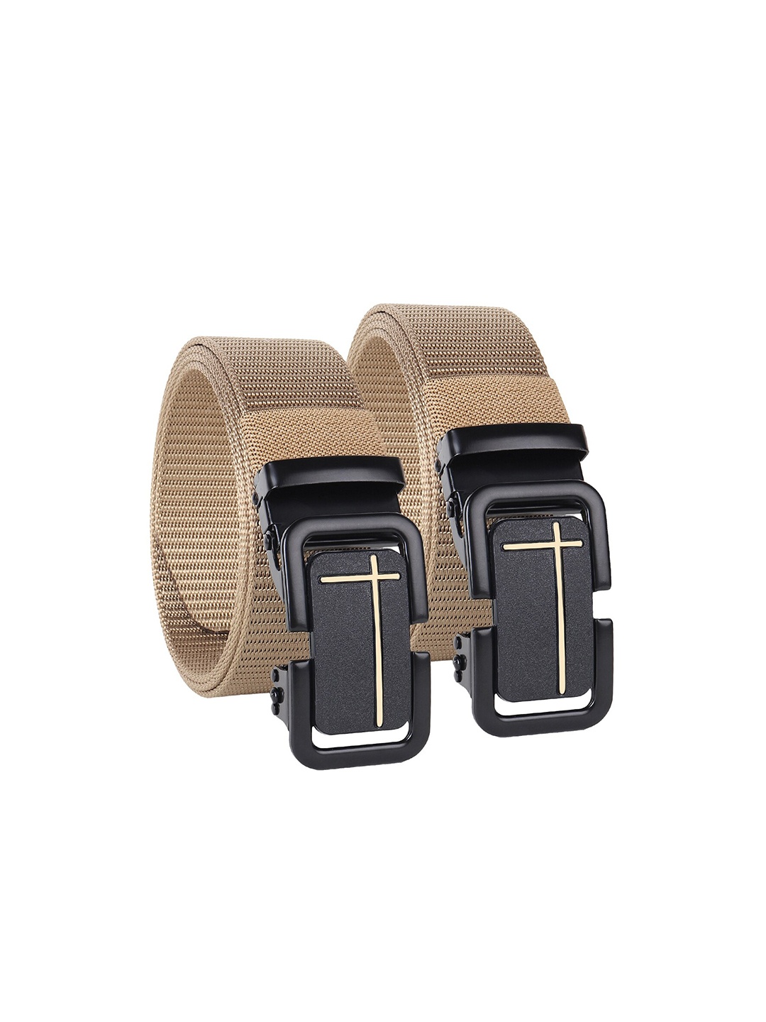 

HENEDA Men Set of 2 Woven Design Slider Buckle Canvas Belt, Beige