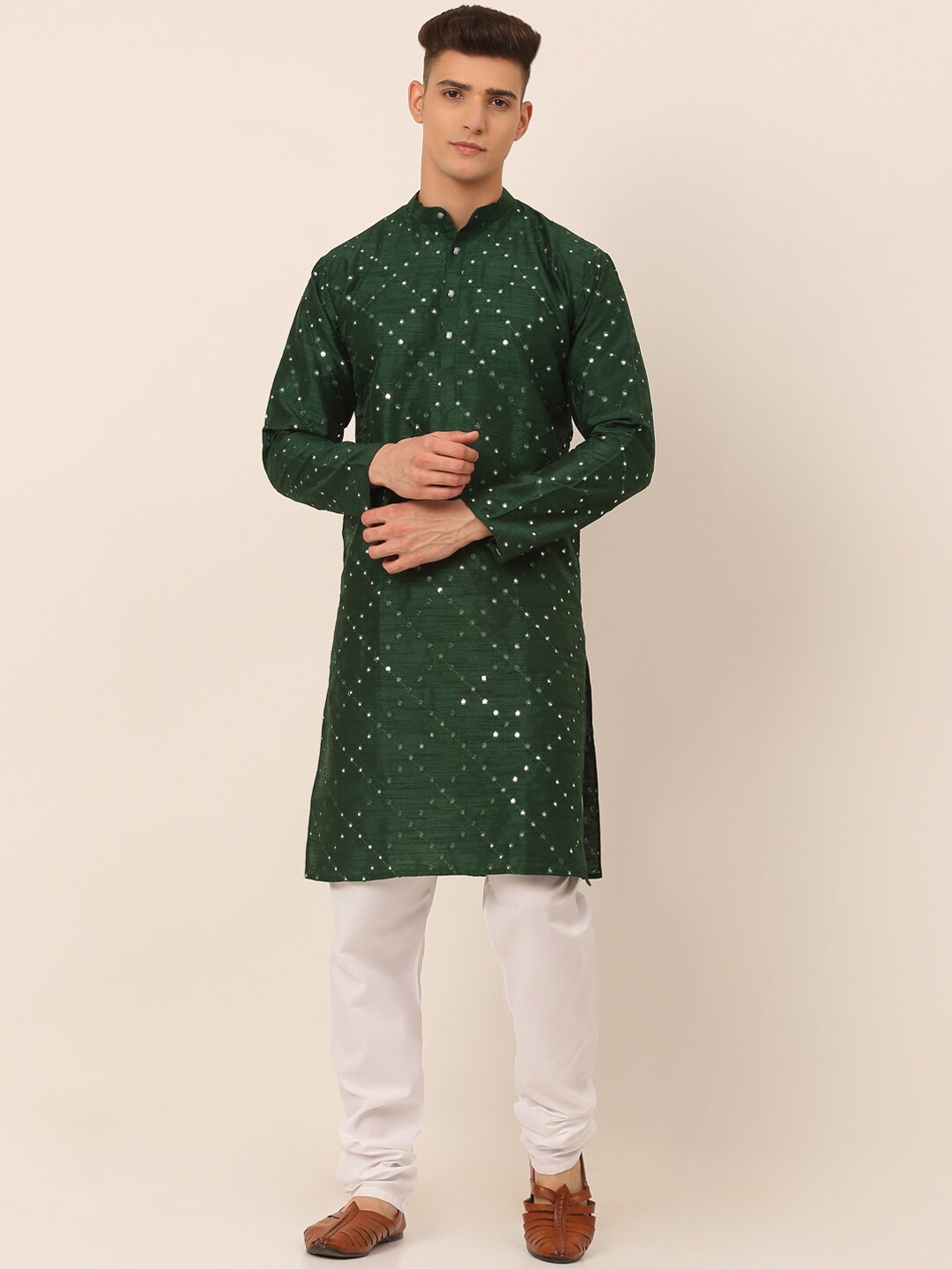 

Jompers Geometric Embroidered Mirror Work Dupion Silk Kurta With Churidar, Green