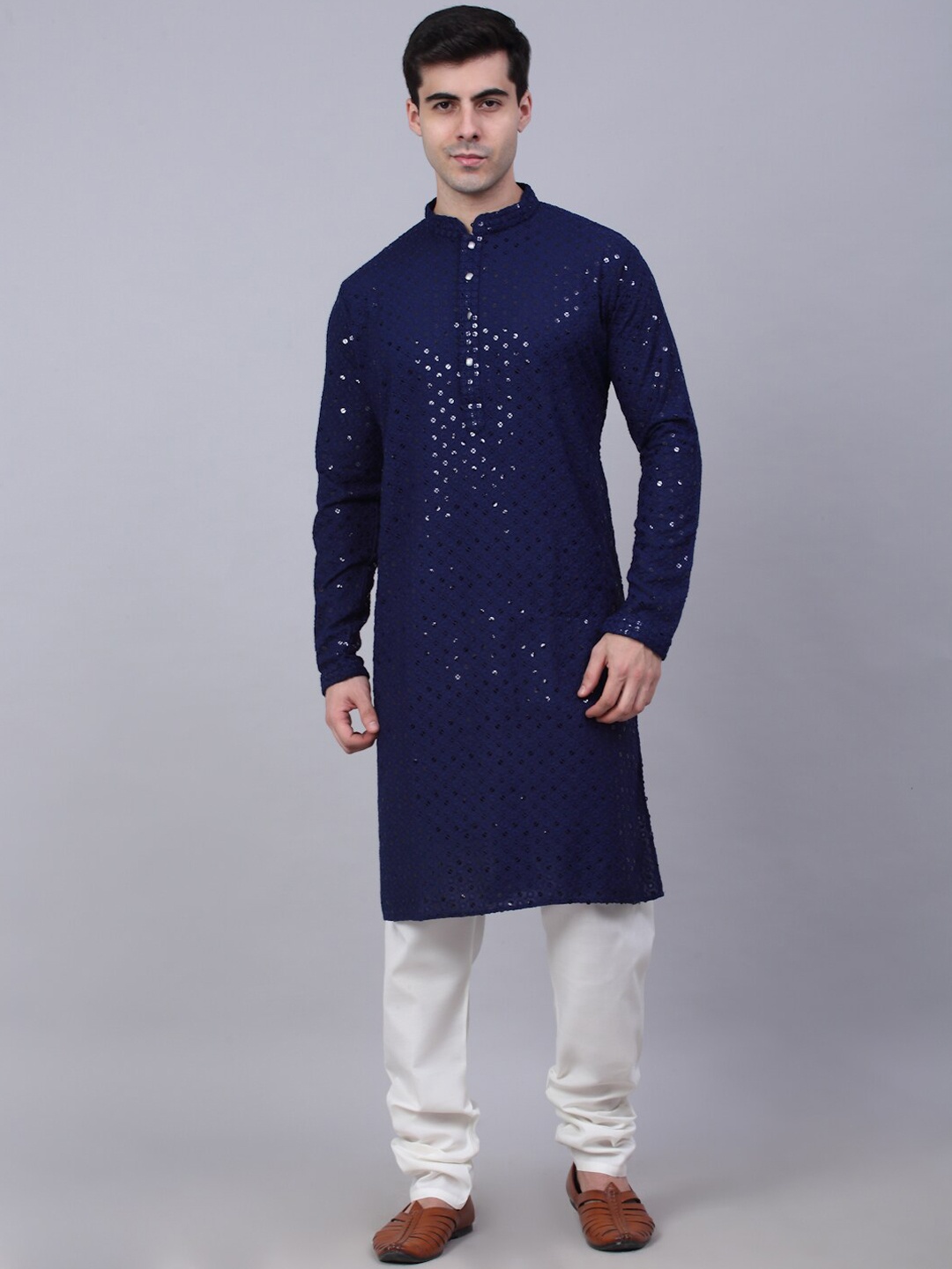 

Jompers Floral Embroidered Sequined Pure Cotton Kurta with Churidar, Navy blue