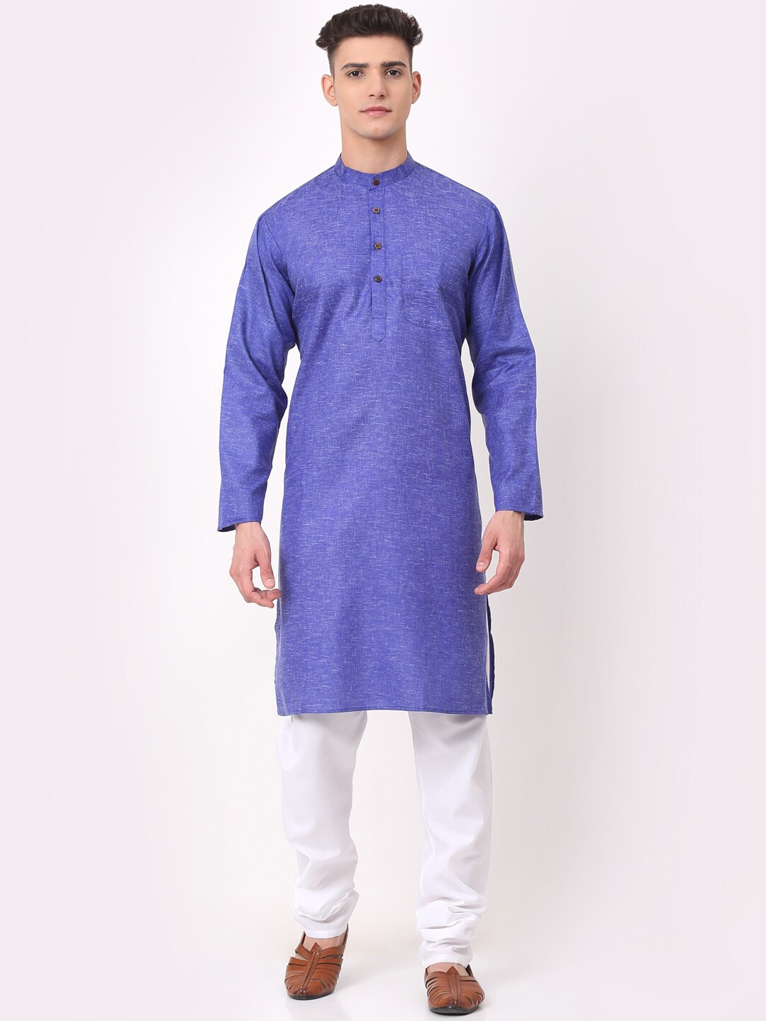 

Jompers Mandarin Collar Pure Cotton Straight Kurta With Churidar, Blue