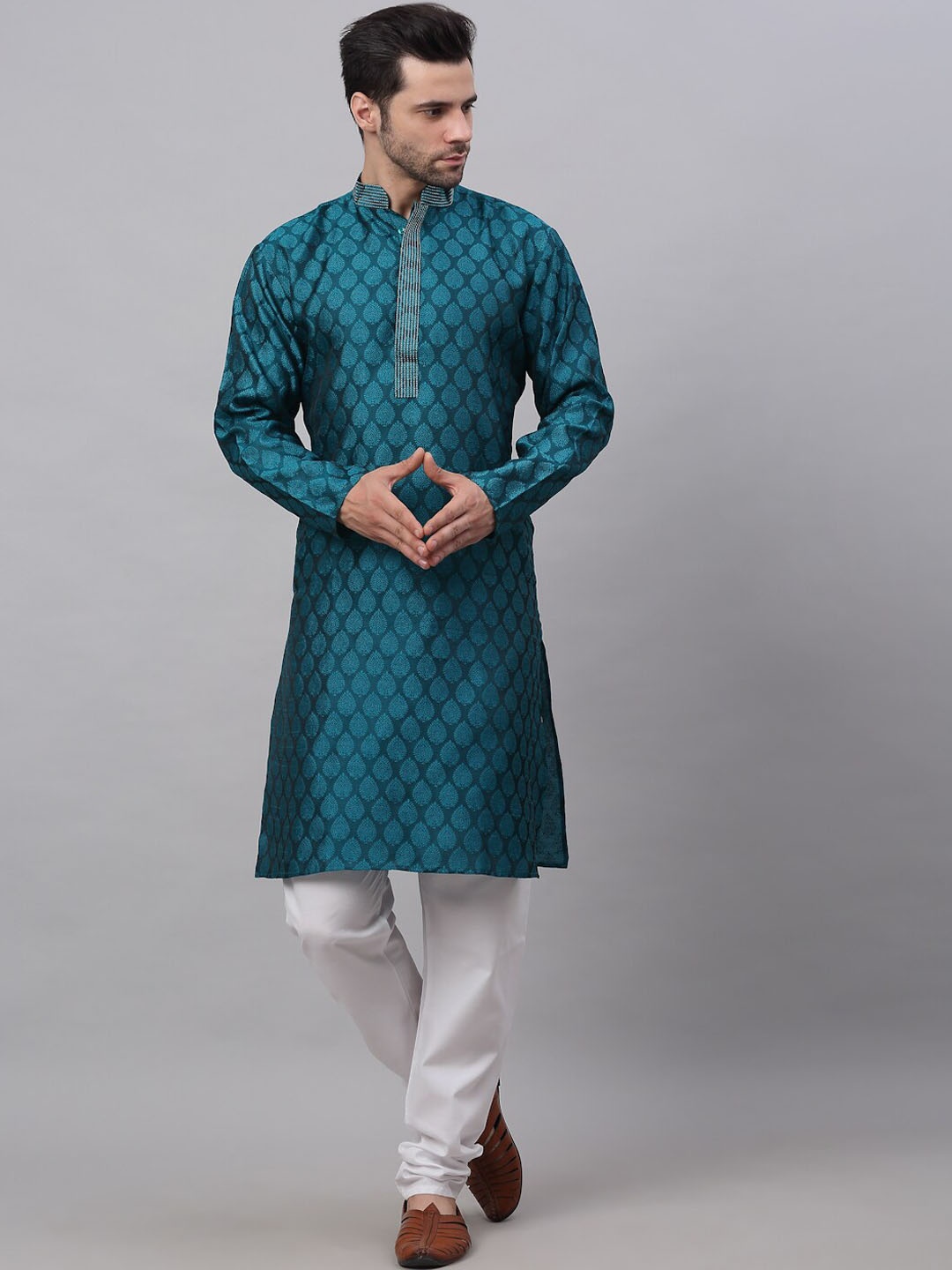 

Jompers Ethnic Motif Woven Design Mandarin Collar Thread Work Kurta With Churidar, Teal