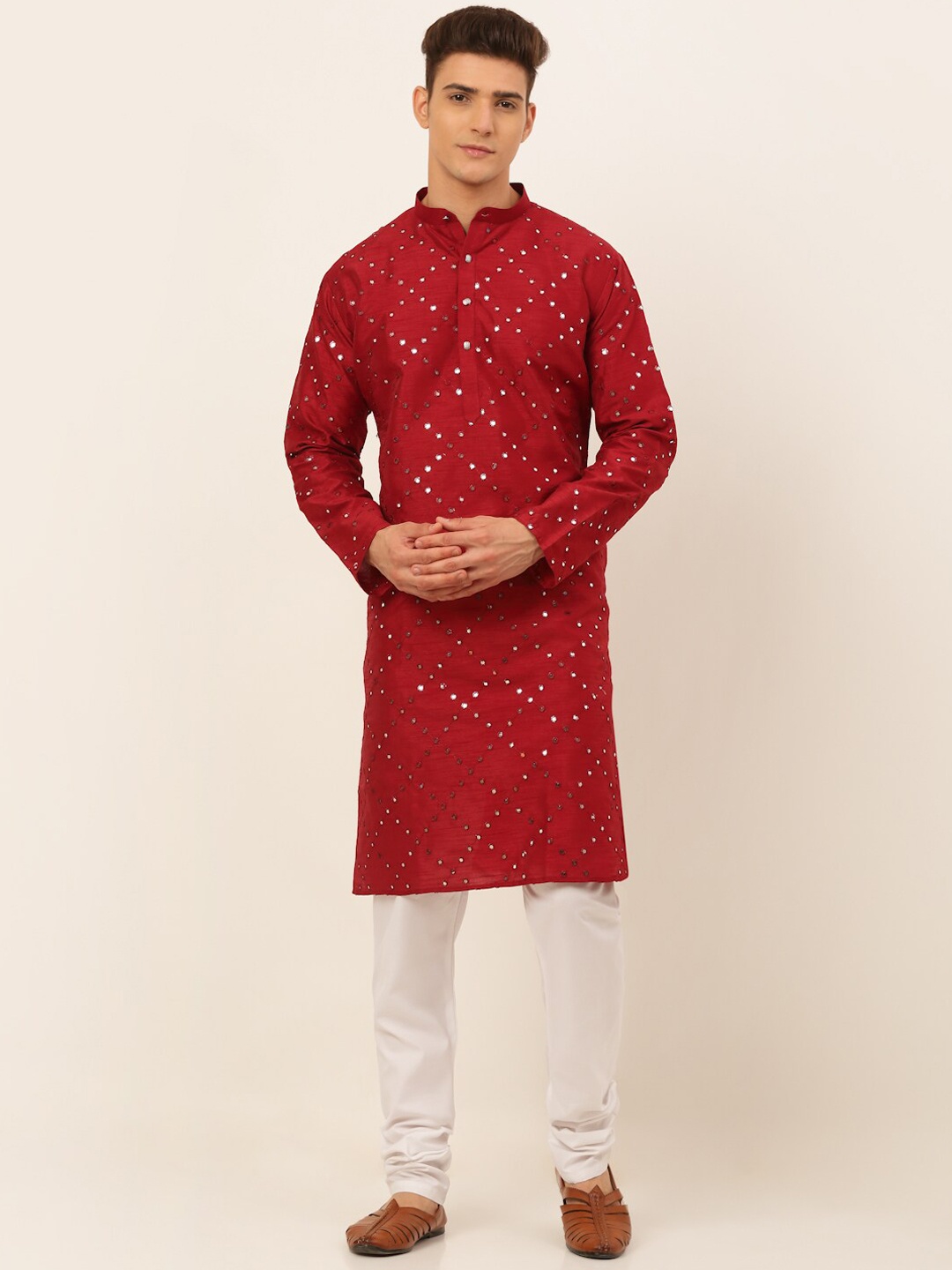 

Jompers Embroidered Mirror Work Dupion Silk Kurta with Churidar, Maroon
