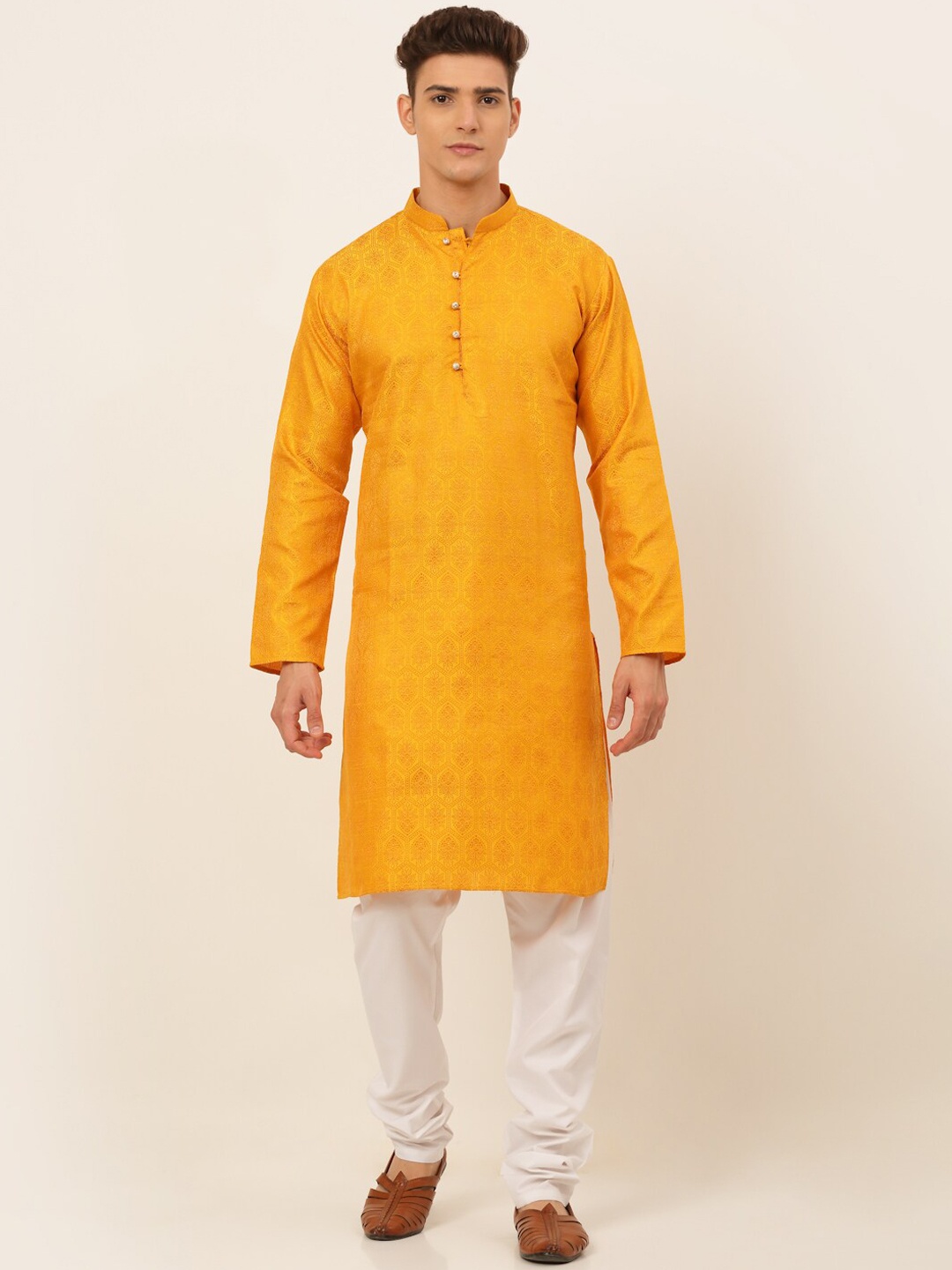 

Jompers Woven Design Straight Kurta with Churidar, Mustard