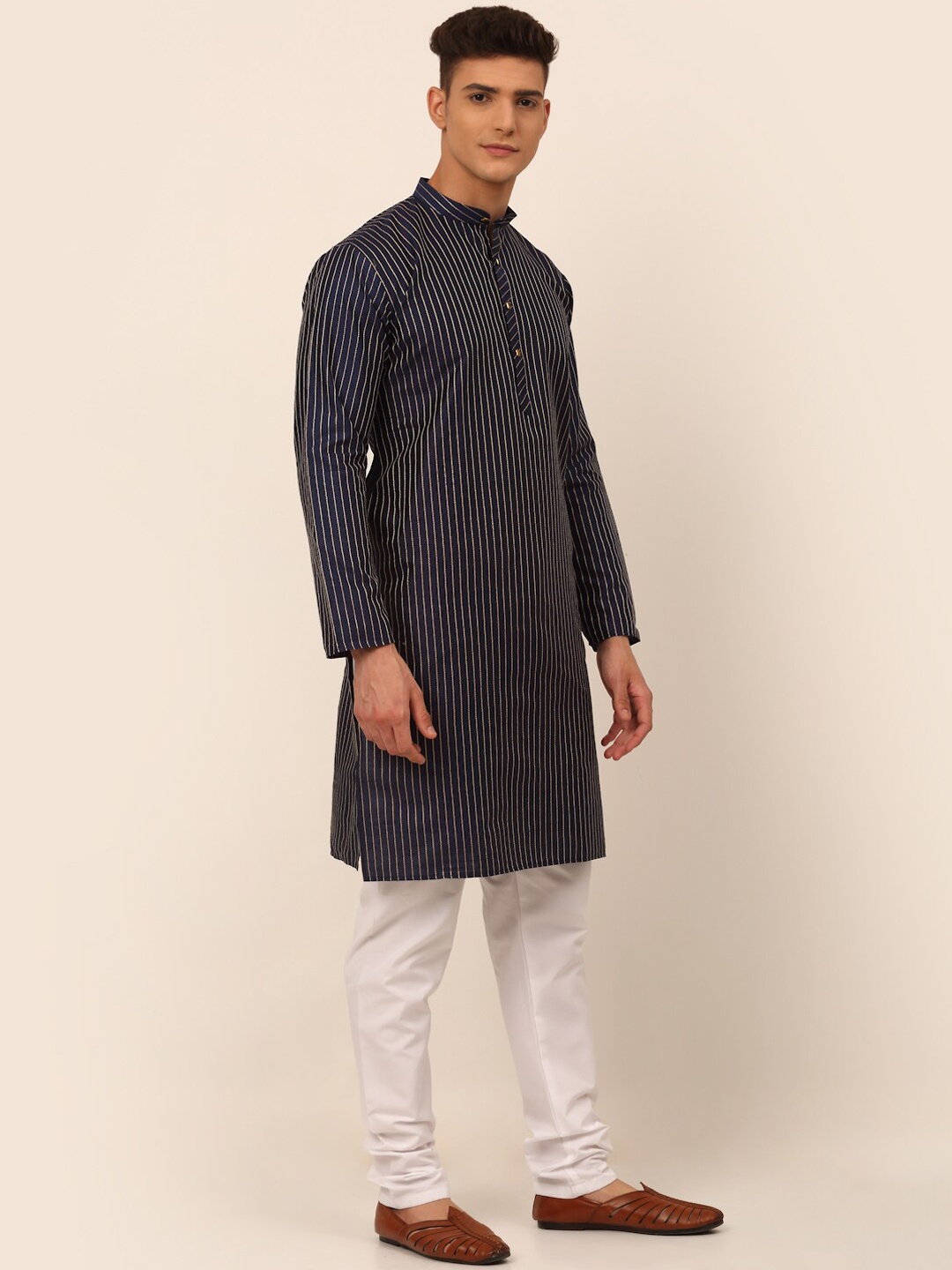 

Jompers Striped Embroidered Thread Work Kurta with Churidar, Navy blue