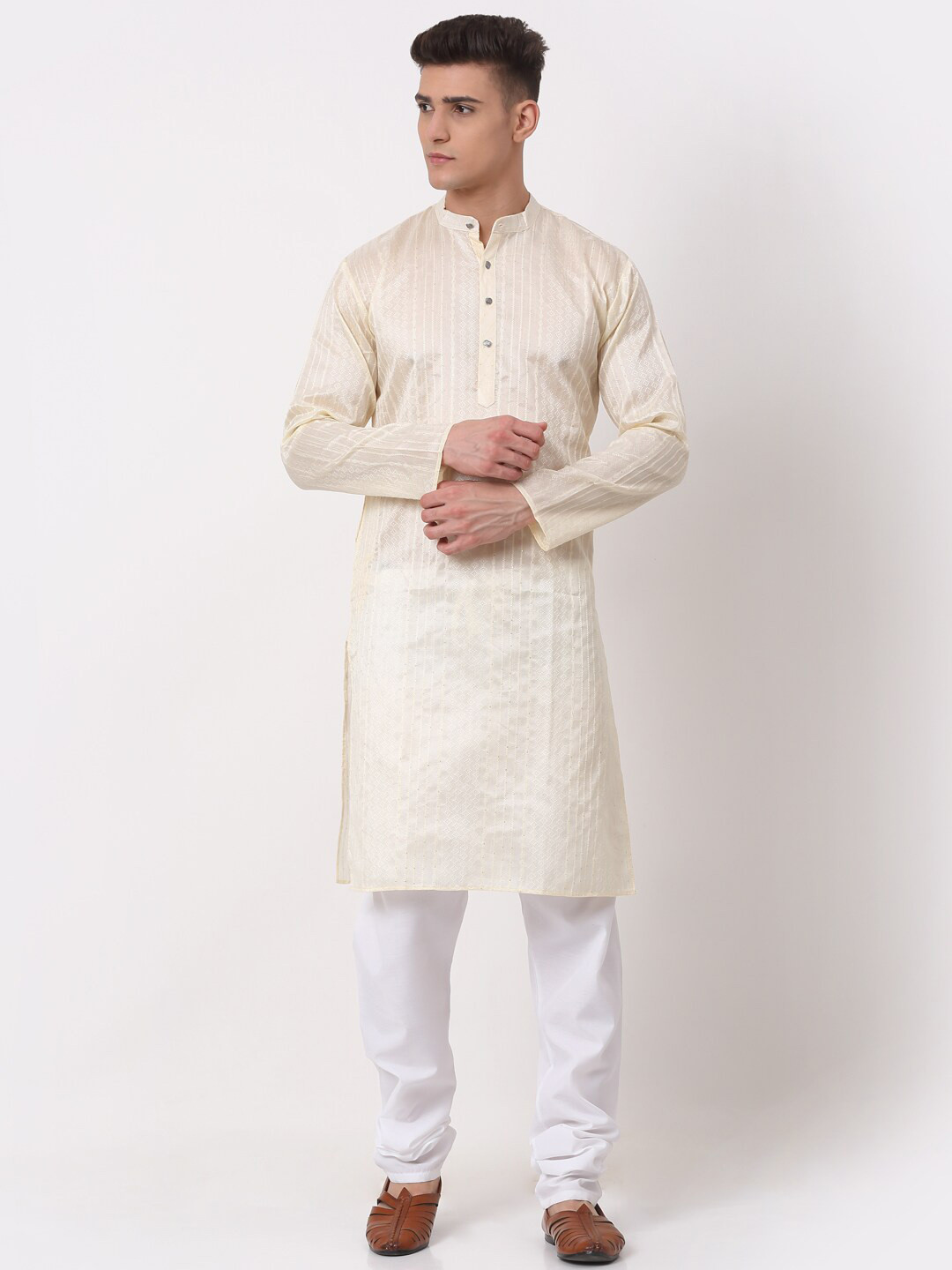 

Jompers Embroidered Mandarin Collar Sequinned Straight Kurta With Churidar, Off white