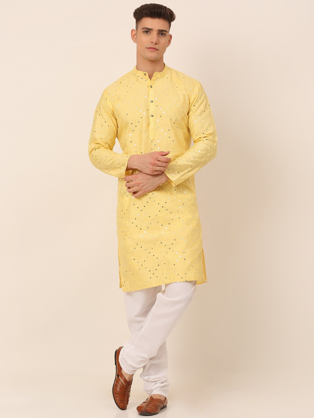 

Jompers Embroidered Mirror Work Straight Dupion Silk Kurta with Churidar, Yellow