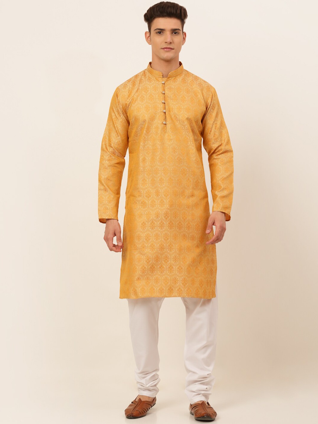 

Jompers Woven Design Mandarin Collar Kurta with Churidar, Gold