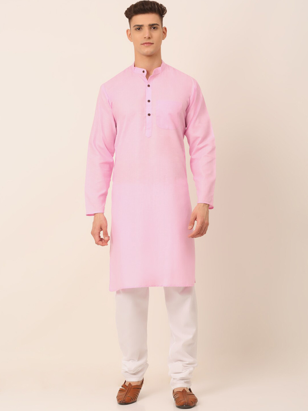 

Jompers Mandarin Collar Pure Cotton Straight Kurta With Churidar, Pink