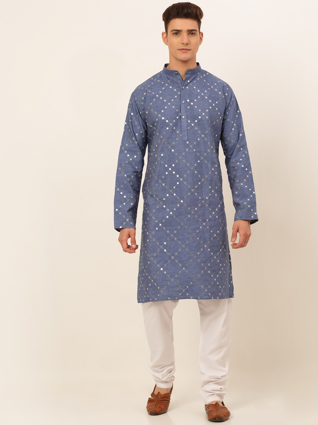 

Jompers Geometric Embroidered Mirror Work Dupion Silk Kurta with Churidar, Grey